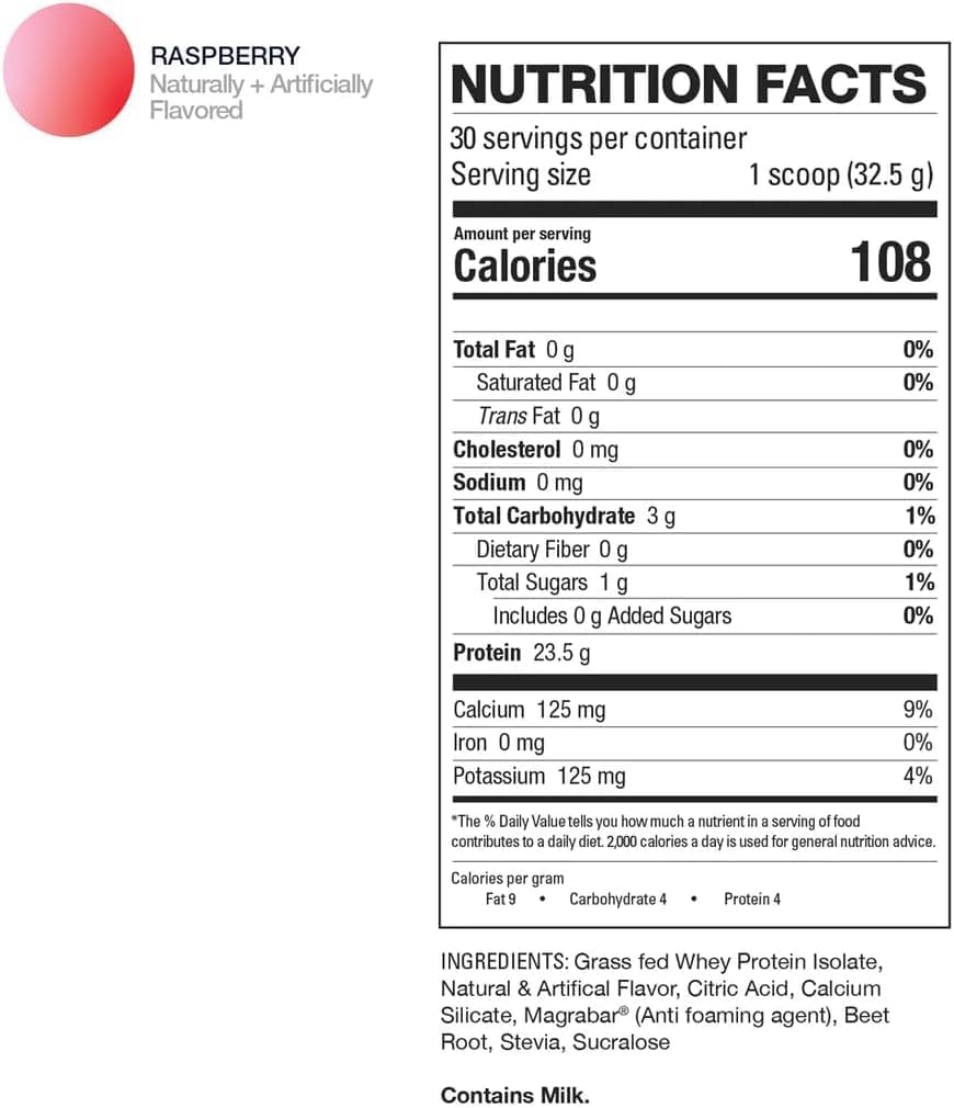 ProHD Clear Whey Protein Powder - Grass Fed Isolate, 23.5g Protein, Low Sugar, Gluten Free - Raspberry Flavor, 30 Servings