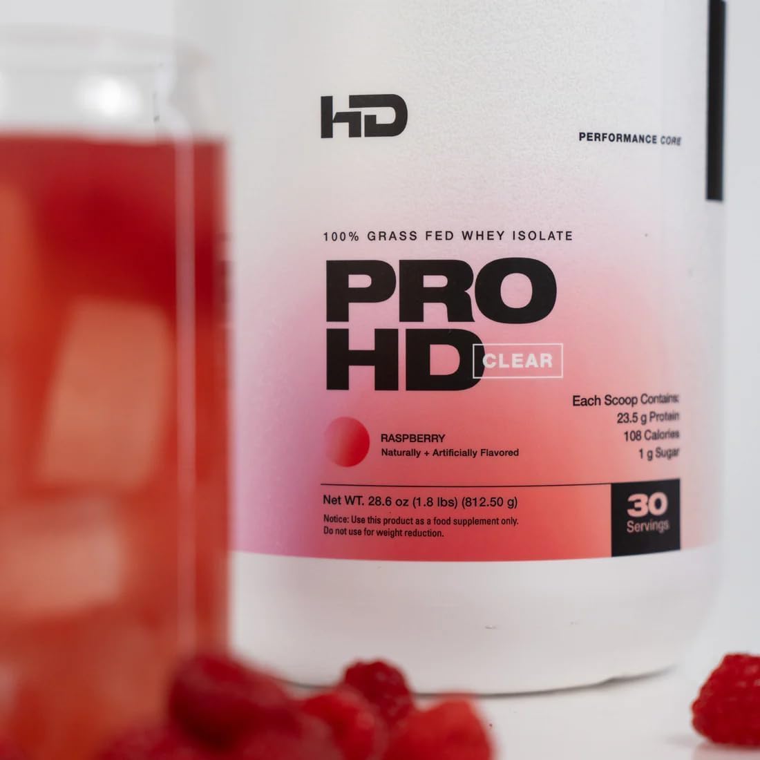 ProHD Clear Whey Protein Powder - Grass Fed Isolate, 23.5g Protein, Low Sugar, Gluten Free - Raspberry Flavor, 30 Servings