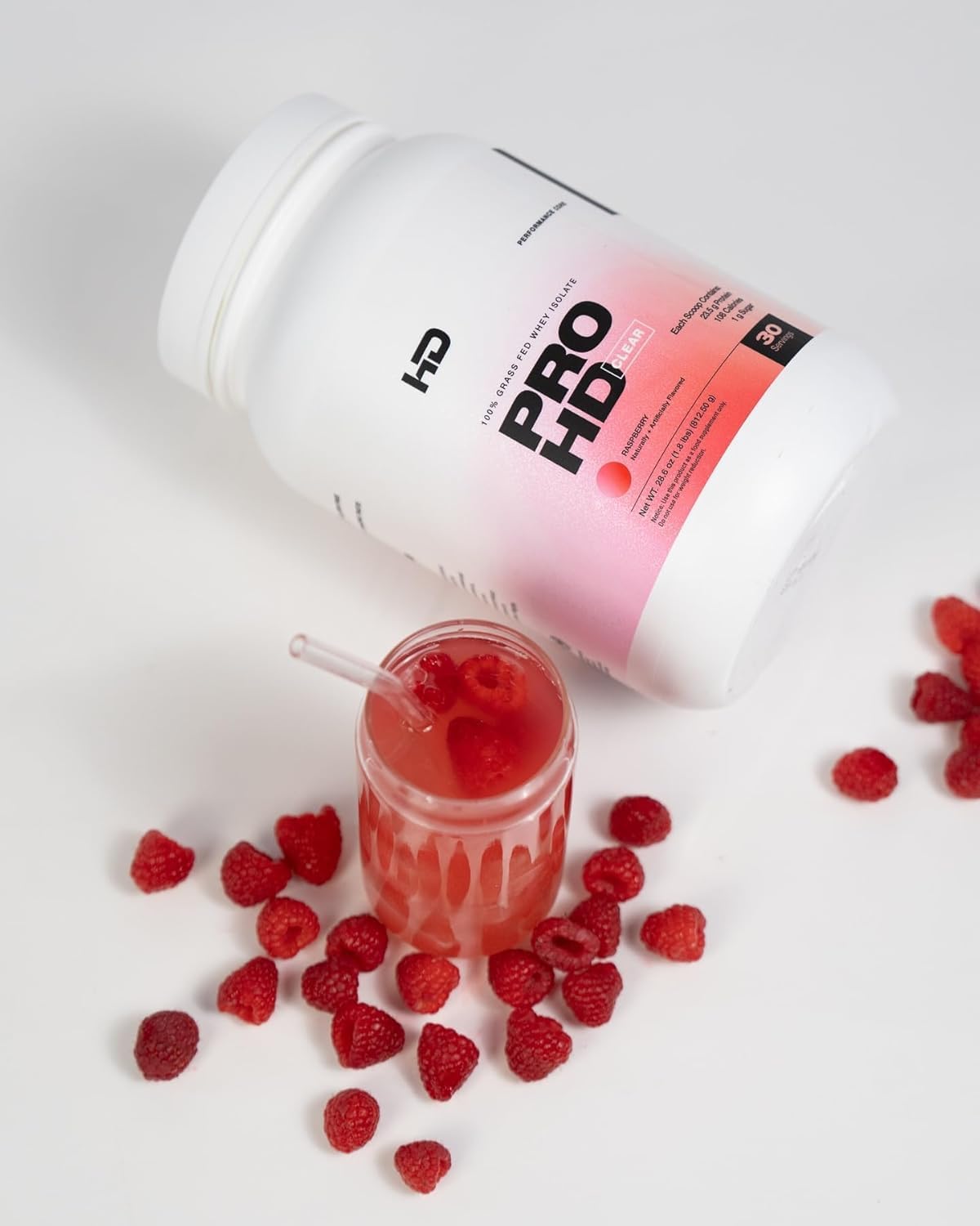 ProHD Clear Whey Protein Powder - Grass Fed Isolate, 23.5g Protein, Low Sugar, Gluten Free - Raspberry Flavor, 30 Servings