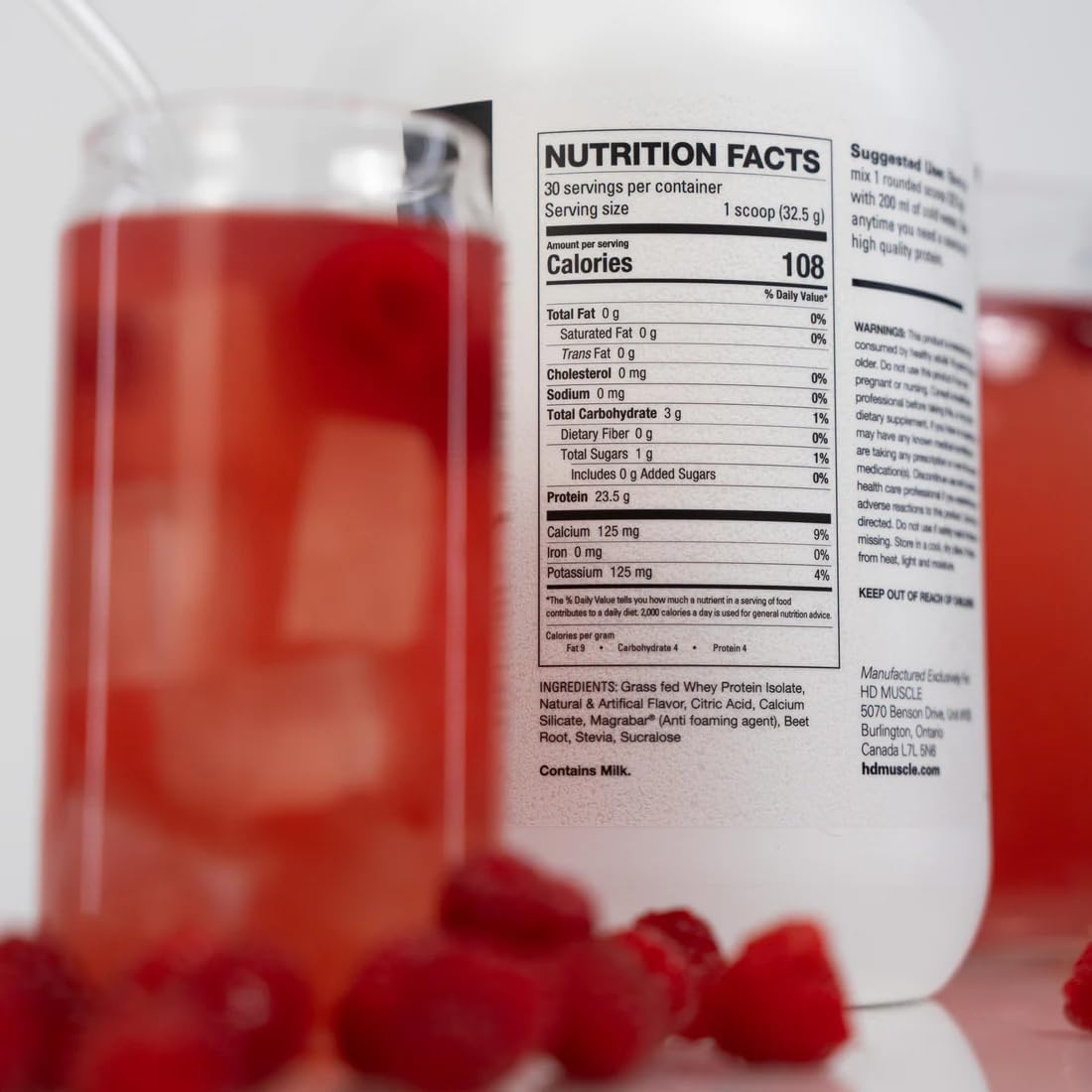 ProHD Clear Whey Protein Powder - Grass Fed Isolate, 23.5g Protein, Low Sugar, Gluten Free - Raspberry Flavor, 30 Servings