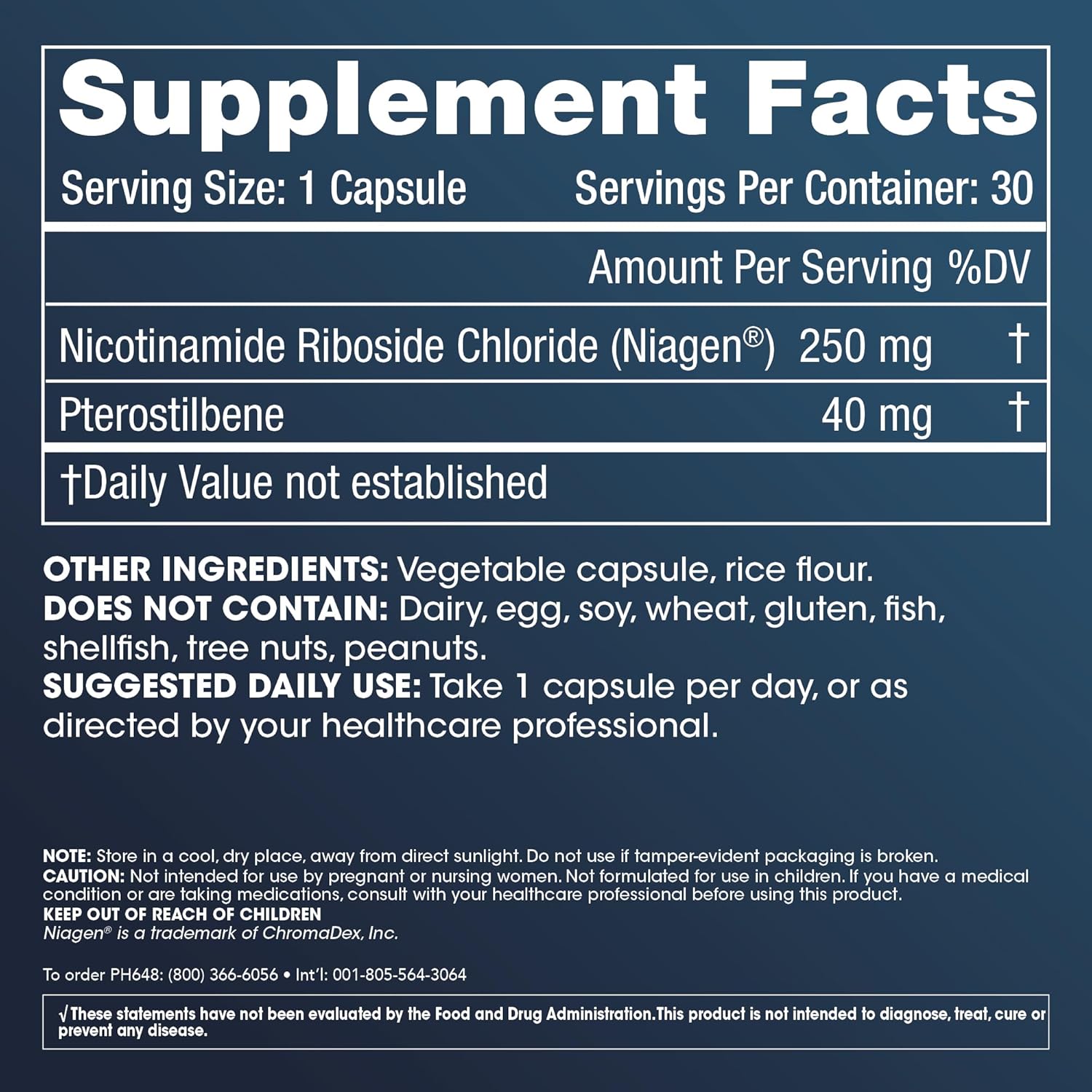 ProHealth NR + Pterostilbene Capsules for Longevity, Energy, Heart & Brain Health - 250mg Niagen + 40mg Pterostilbene, 30 Count
