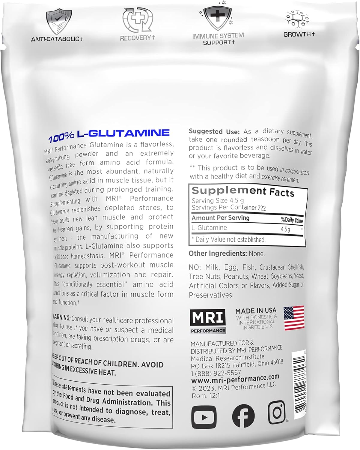 ProLab MRI Performance L-Glutamine and BCAA Amino Acids for Muscle Recovery and Growth, Reduce Muscle Soreness
