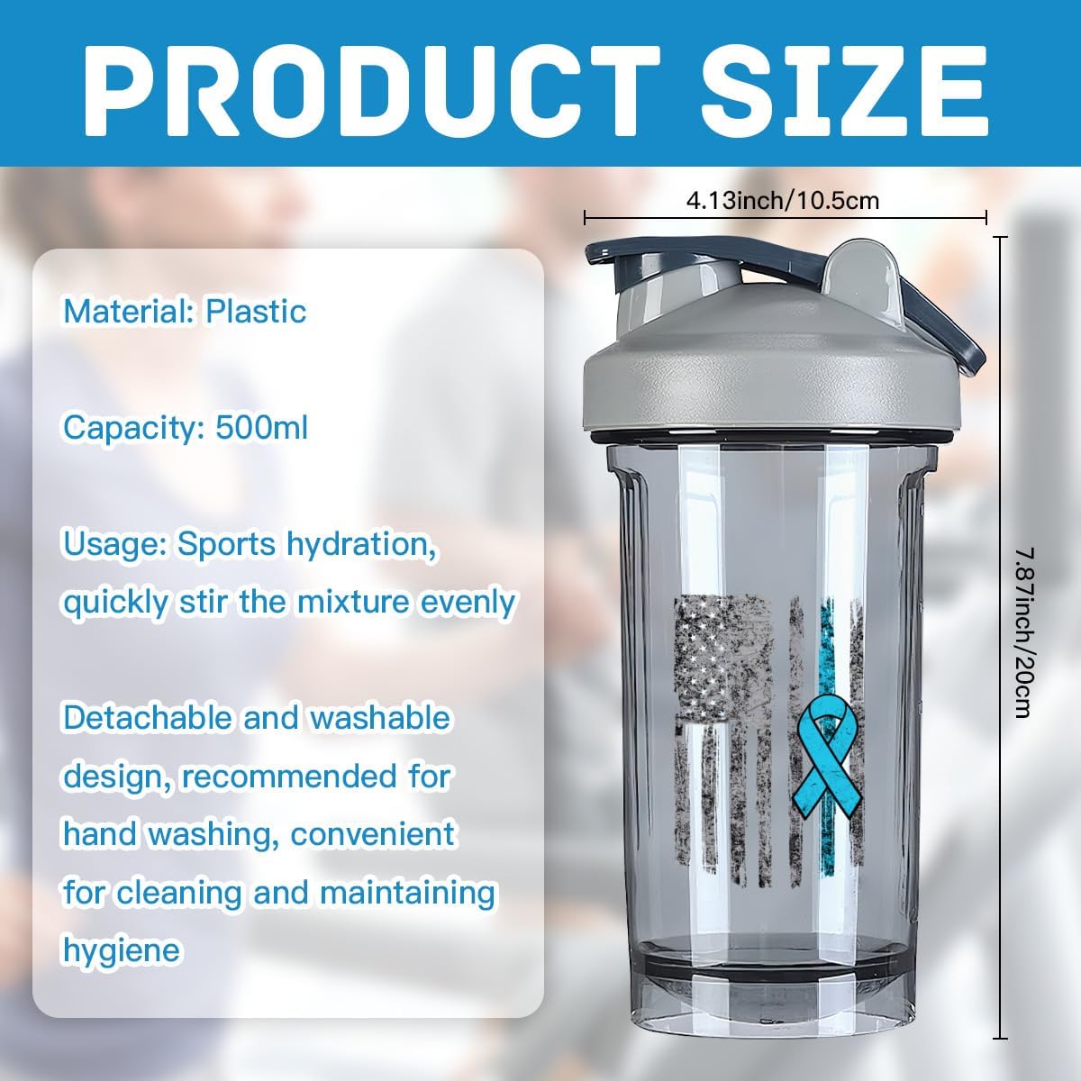Prostate Cancer Awareness USA Flag Shaker Bottle 18oz - Leak-proof Protein Shake Mixer - Grey Meal Replacement Bottle