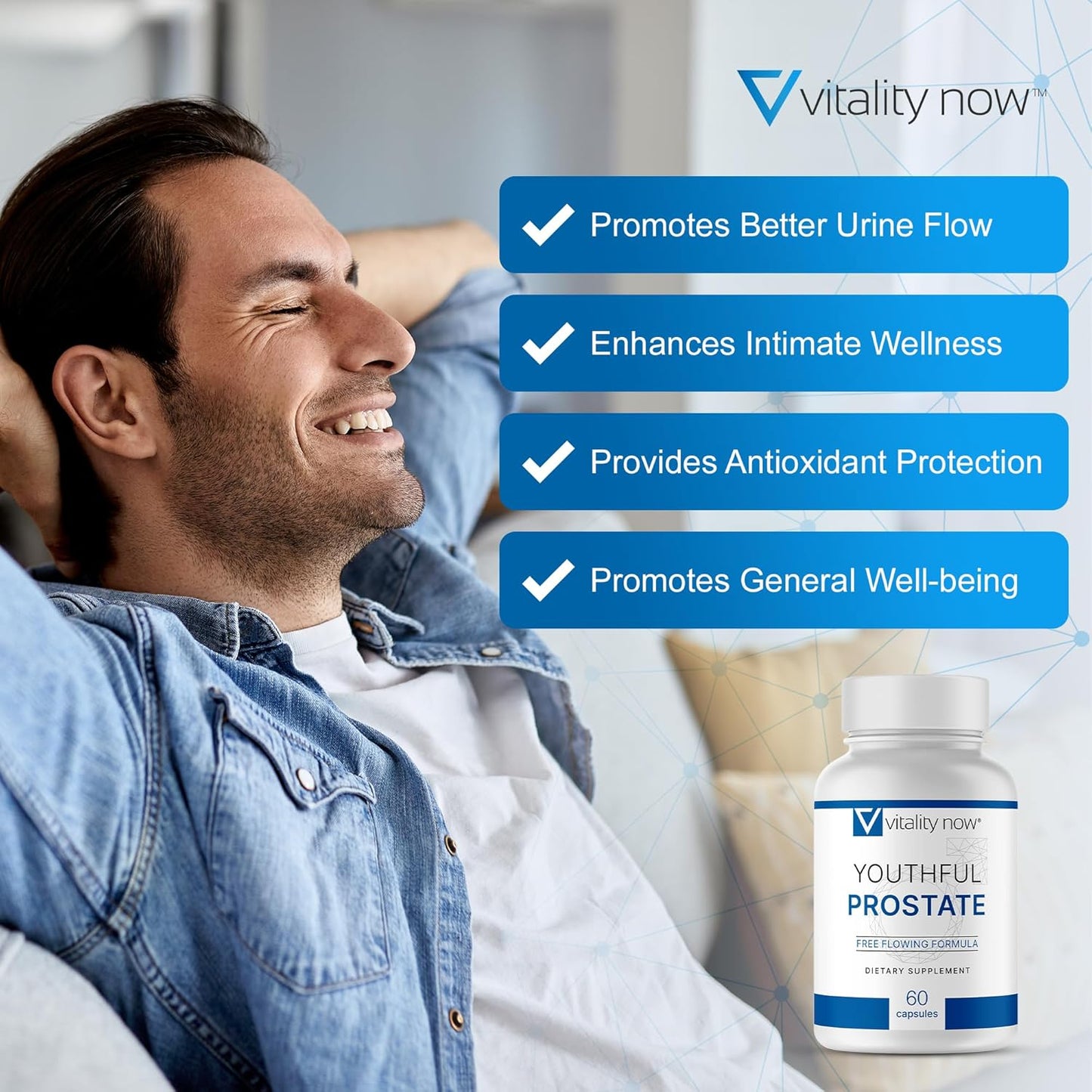 Prostate Supplement for Men - Vitality Now Youthful Prostate Pack of 4, Saw Palmetto with Ginseng, Antioxidants, Vitamin E & Lycopene, Promotes Well-Being & Energy Boost