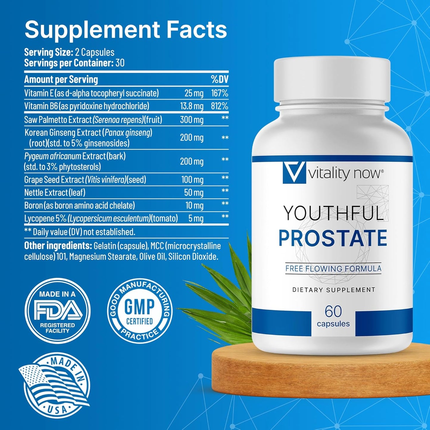 Prostate Supplement for Men - Vitality Now Youthful Prostate Pack of 4, Saw Palmetto with Ginseng, Antioxidants, Vitamin E & Lycopene, Promotes Well-Being & Energy Boost