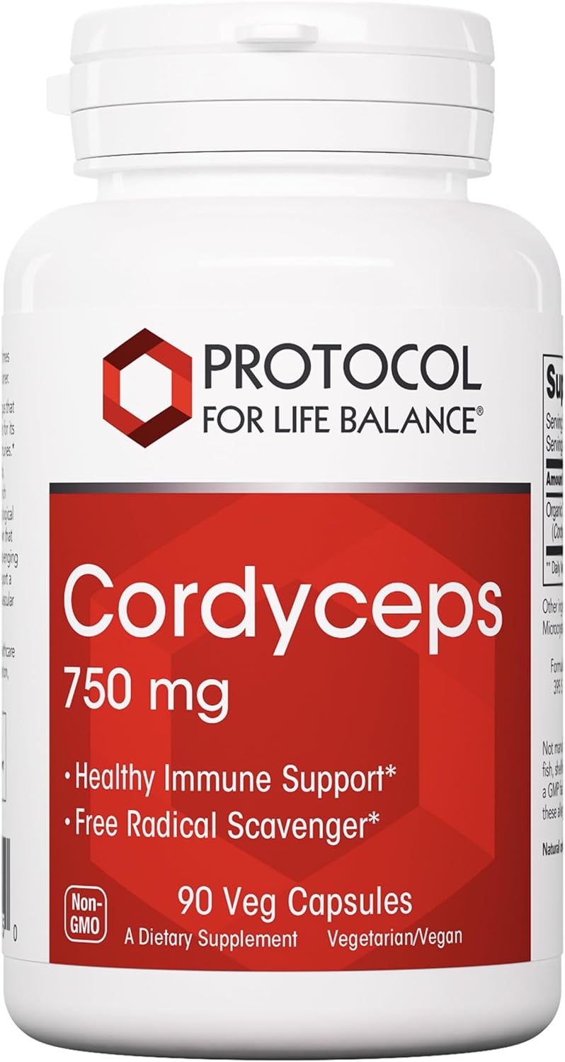 Protocol Cordyceps 750mg Capsules - Immune and Vascular Health Support - Non-GMO - 90 Veg Caps - Protocol for Life Balance