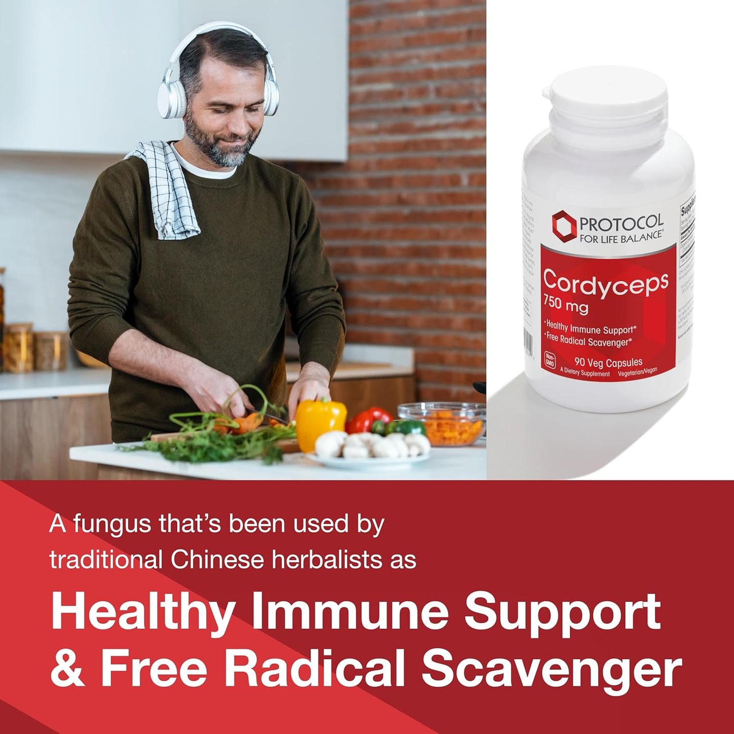 Protocol Cordyceps 750mg Capsules - Immune and Vascular Health Support - Non-GMO - 90 Veg Caps - Protocol for Life Balance