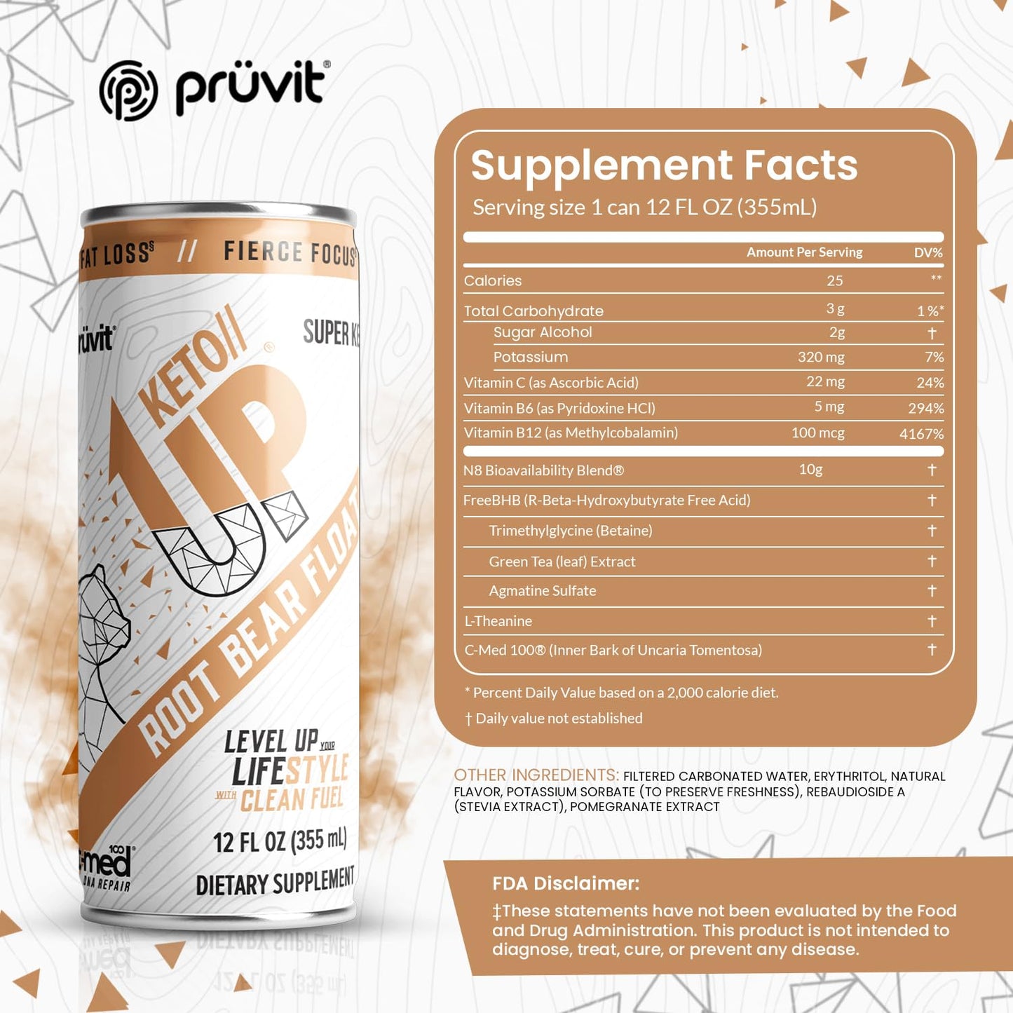 PRÜVIT Root Beer Float Keto//Up® Drink - Ready-to-Drink Ketones for Focus - 12 Pack for Men and Women