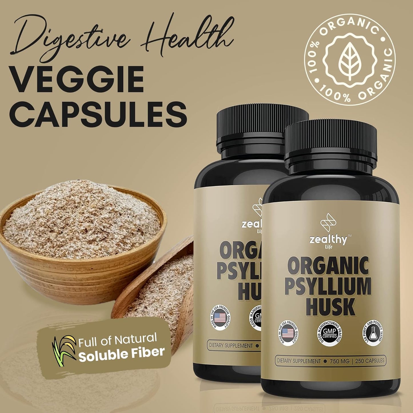 Psyllium Husk Capsules for Gut Health - 500 All-Natural Fiber Capsules, Vegan & Gluten-Free, Pack of 2