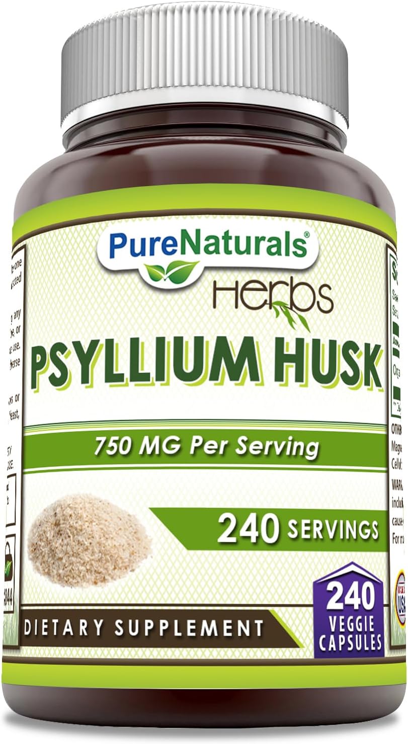 Psyllium Husk Supplement 750mg - 240 Veggie Capsules - Non-GMO & Gluten-Free - Made in USA from Pure Naturals