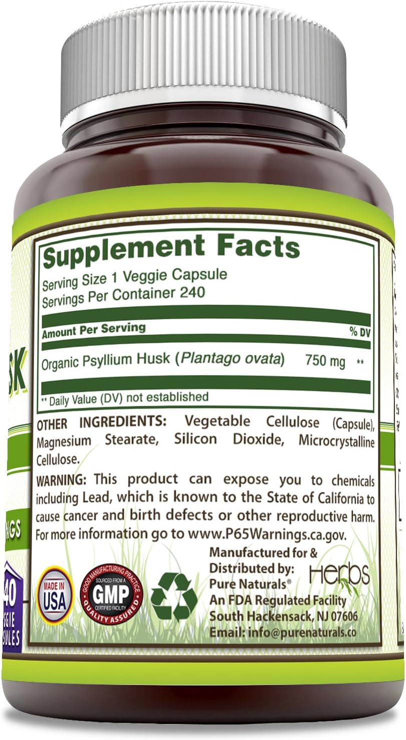Psyllium Husk Supplement 750mg - 240 Veggie Capsules - Non-GMO & Gluten-Free - Made in USA from Pure Naturals