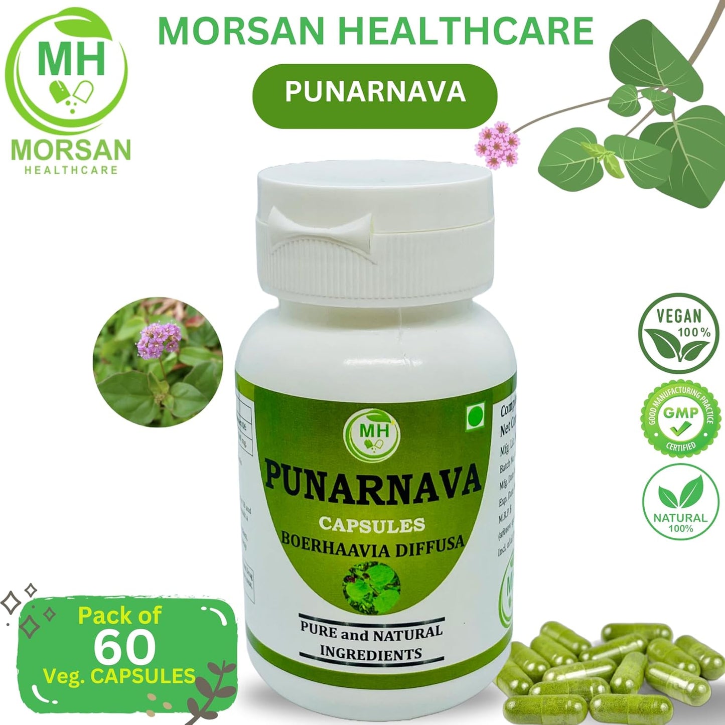 Punarnava Capsules - Natural Herbal Veg. Capsules, Pack of 60 x 500 mg by Morsan Healthcare