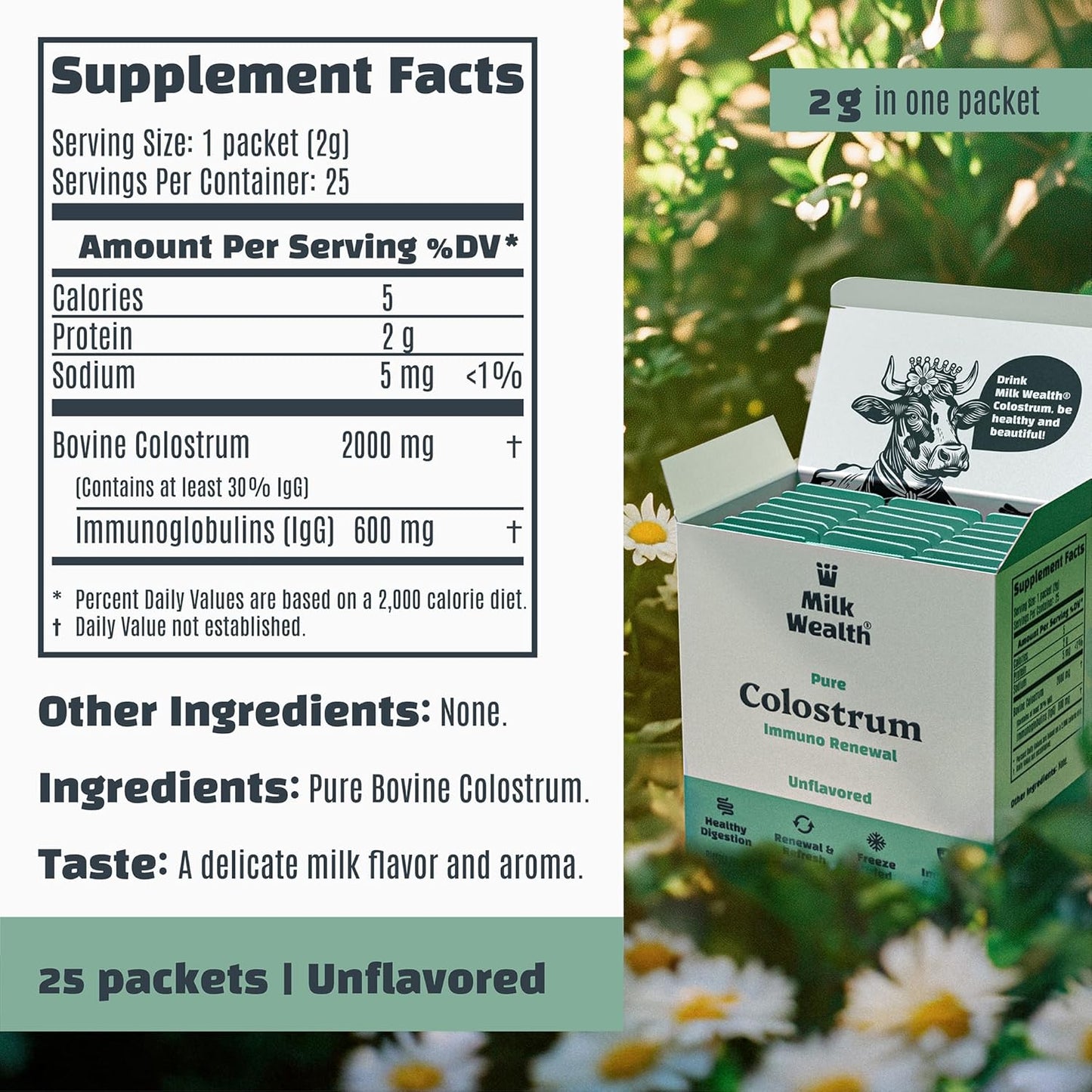 Pure Bovine Colostrum Superfood with Immune Support - Freeze-Dried, Unflavored, Nutrient-Rich, 25 Packets (2g Each), 50g Total Weight