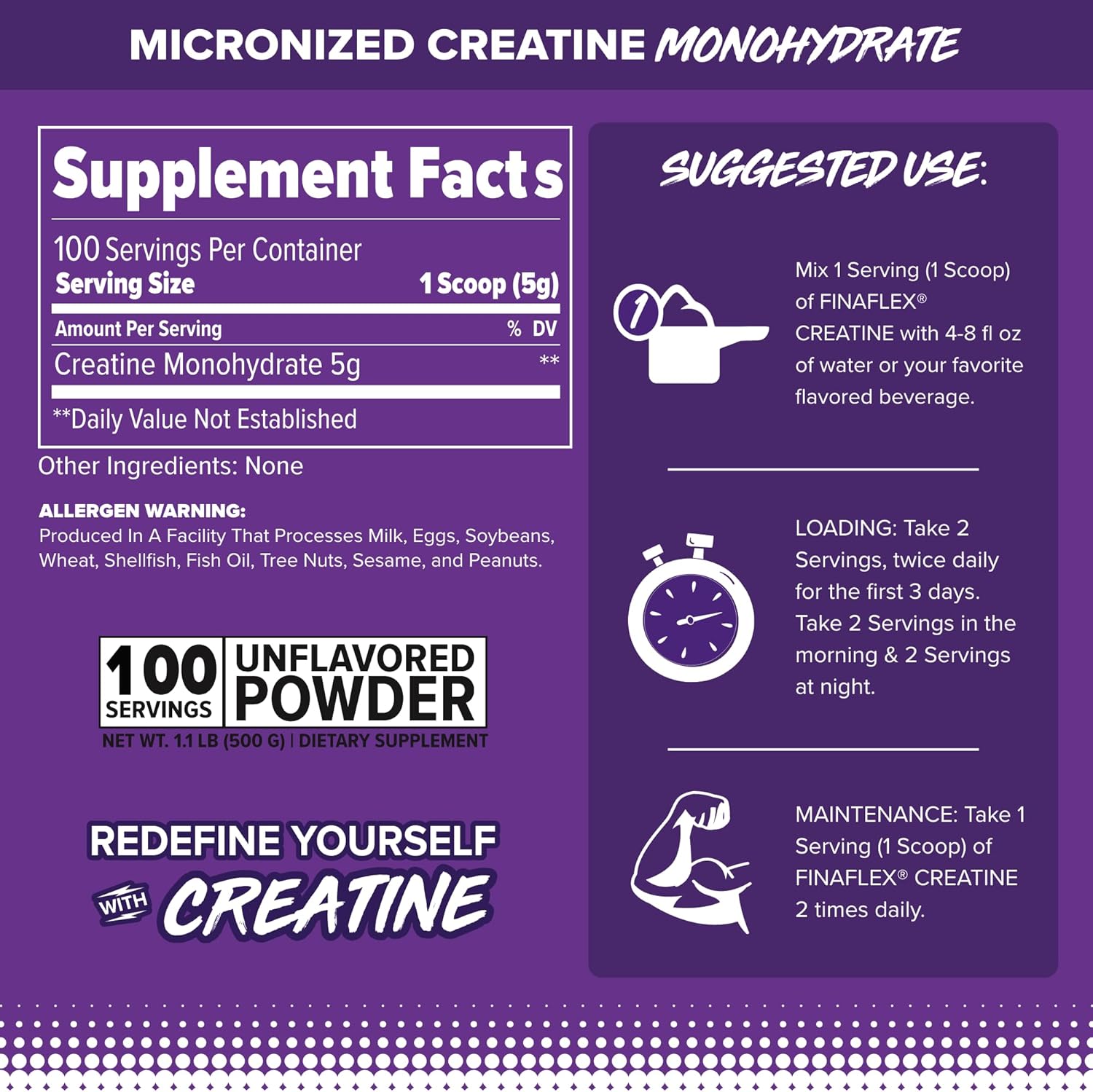 Pure Creatine Monohydrate Powder 500g - Unflavored Muscle Strength & Size Enhancer - Micronized Supplement for Performance - 100 Servings