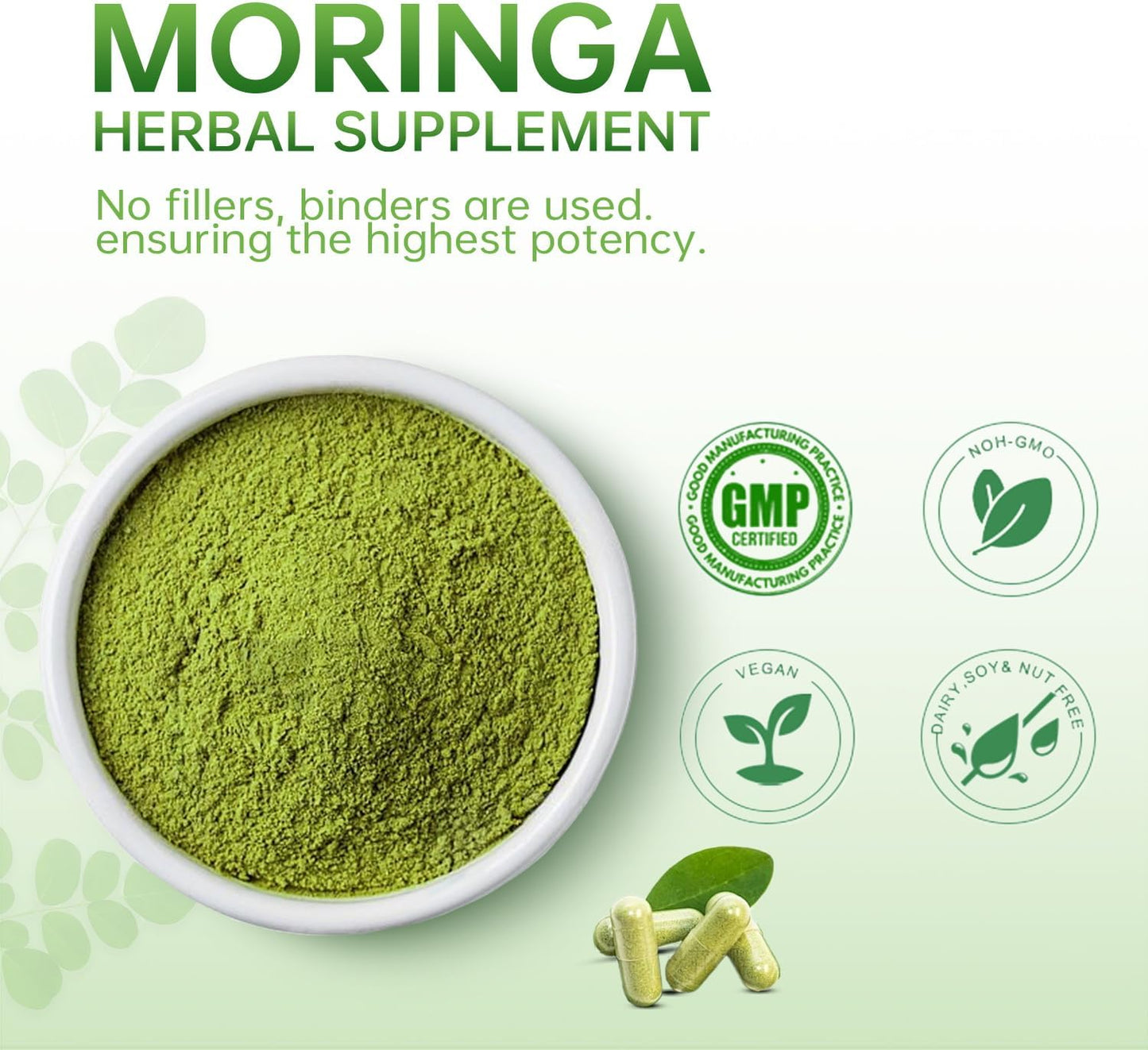 Pure Moringa Powder Capsules - Natural Antioxidant Superfood for Energy, Skin, and Gut Health - Packed with Vitamins and Amino Acids - 1 Pack