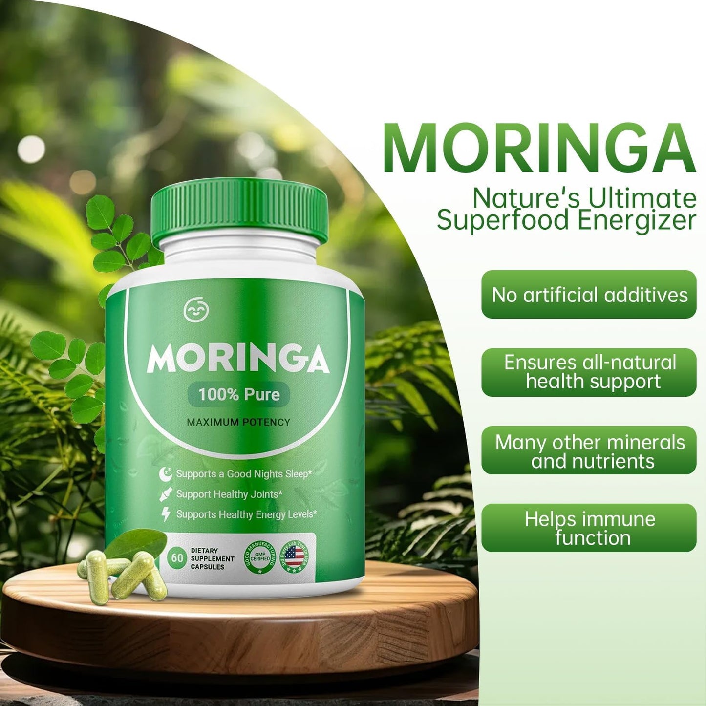 Pure Moringa Powder Capsules - Natural Antioxidant Superfood for Energy, Skin, and Gut Health - Packed with Vitamins and Amino Acids - 1 Pack