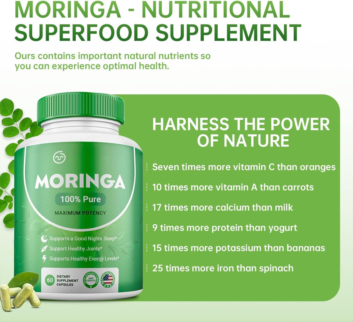 Pure Moringa Powder Capsules - Natural Antioxidant Superfood for Energy, Skin, and Gut Health - Packed with Vitamins and Amino Acids - 1 Pack
