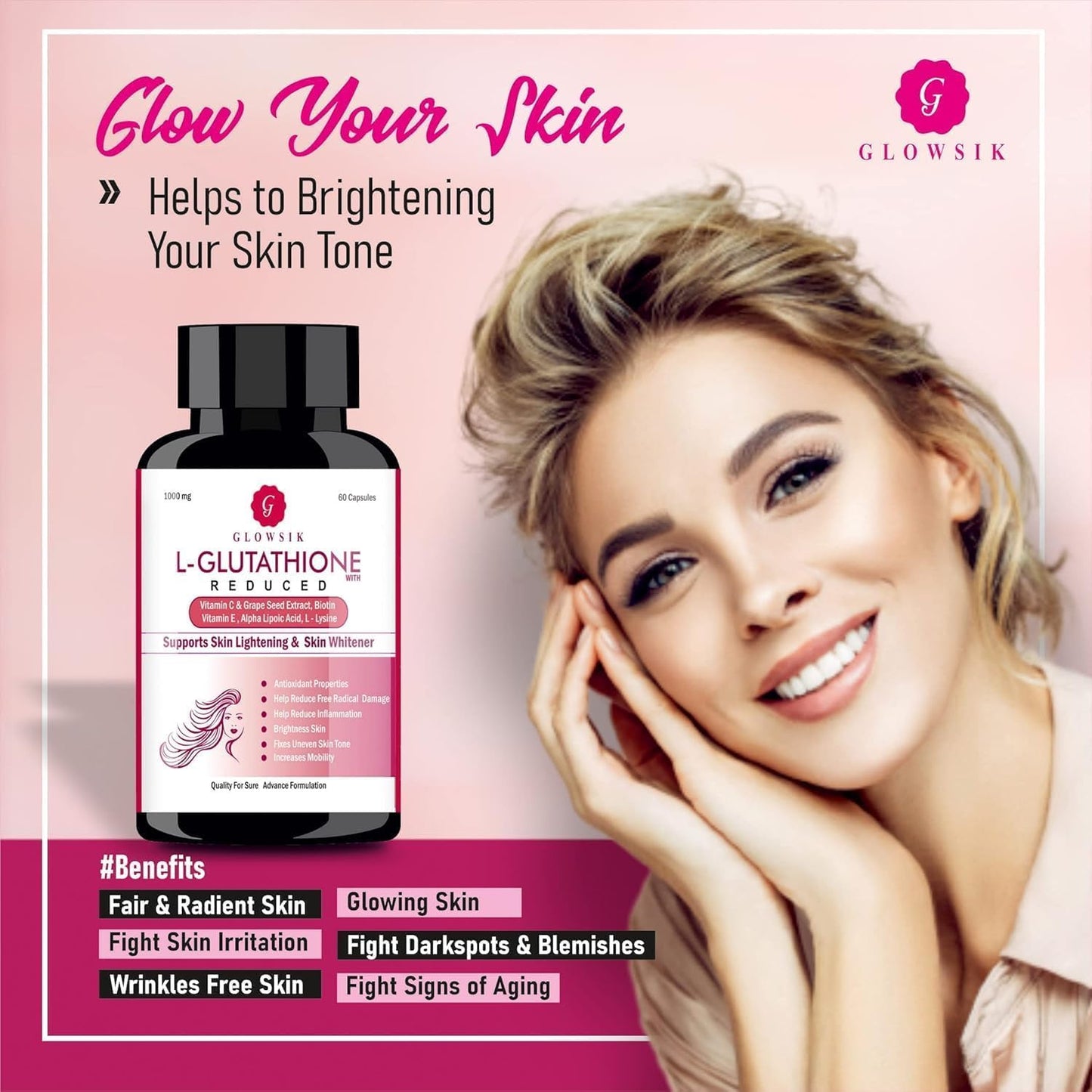 Pure & Natural L Glutathione Capsules with Alpha Lipoic Acid, Grape Seed, Vitamin C & E, Biotin - 1000mg - 60ct