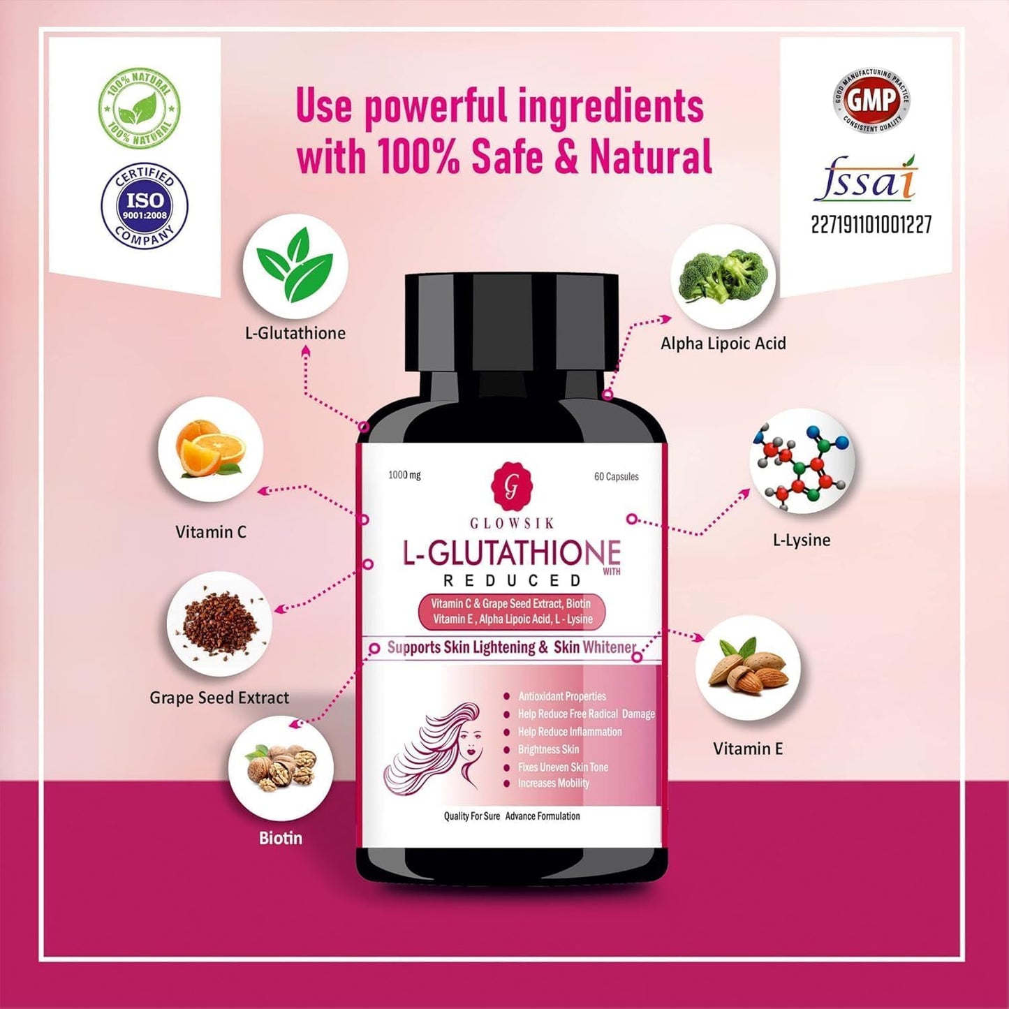 Pure & Natural L Glutathione Capsules with Alpha Lipoic Acid, Grape Seed, Vitamin C & E, Biotin - 1000mg - 60ct