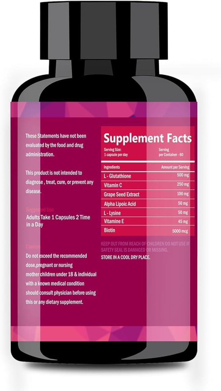 Pure & Natural L Glutathione Capsules with Alpha Lipoic Acid, Grape Seed, Vitamin C & E, Biotin - 1000mg - 60ct
