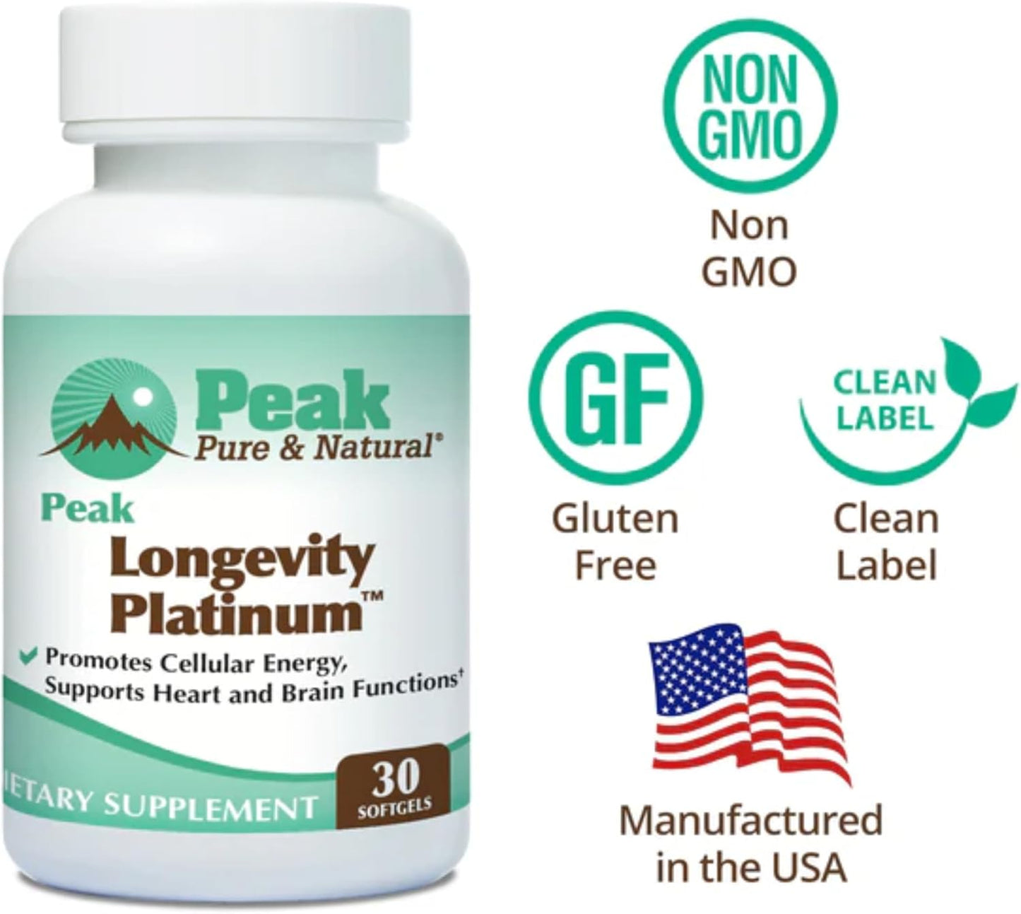 Pure & Natural Peak Longevity Platinum PQQ Supplement with CoQ10 & Shilajit - Mitochondrial Energy Boost for Healthy Aging - 30 Softgels