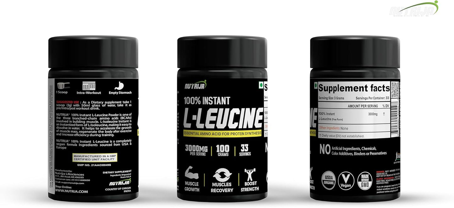 Pure USP Grade NutriJa Instant L-Leucine Powder for Muscle Growth & Recovery - Fast Dissolving Formula for Rapid Absorption & Enhanced Bioavailability
