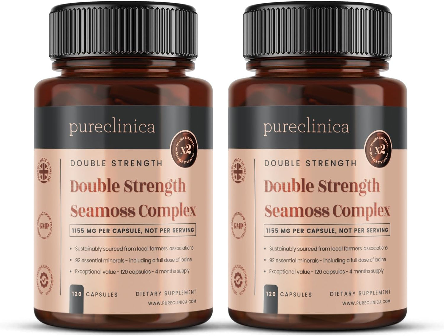 pureclinica Double Strength Seamoss Complex Capsules - 1155mg x 240 (2 Bottles of 120) - 8 Month Supply - Seamoss, Bladderwrack, Burdock Root