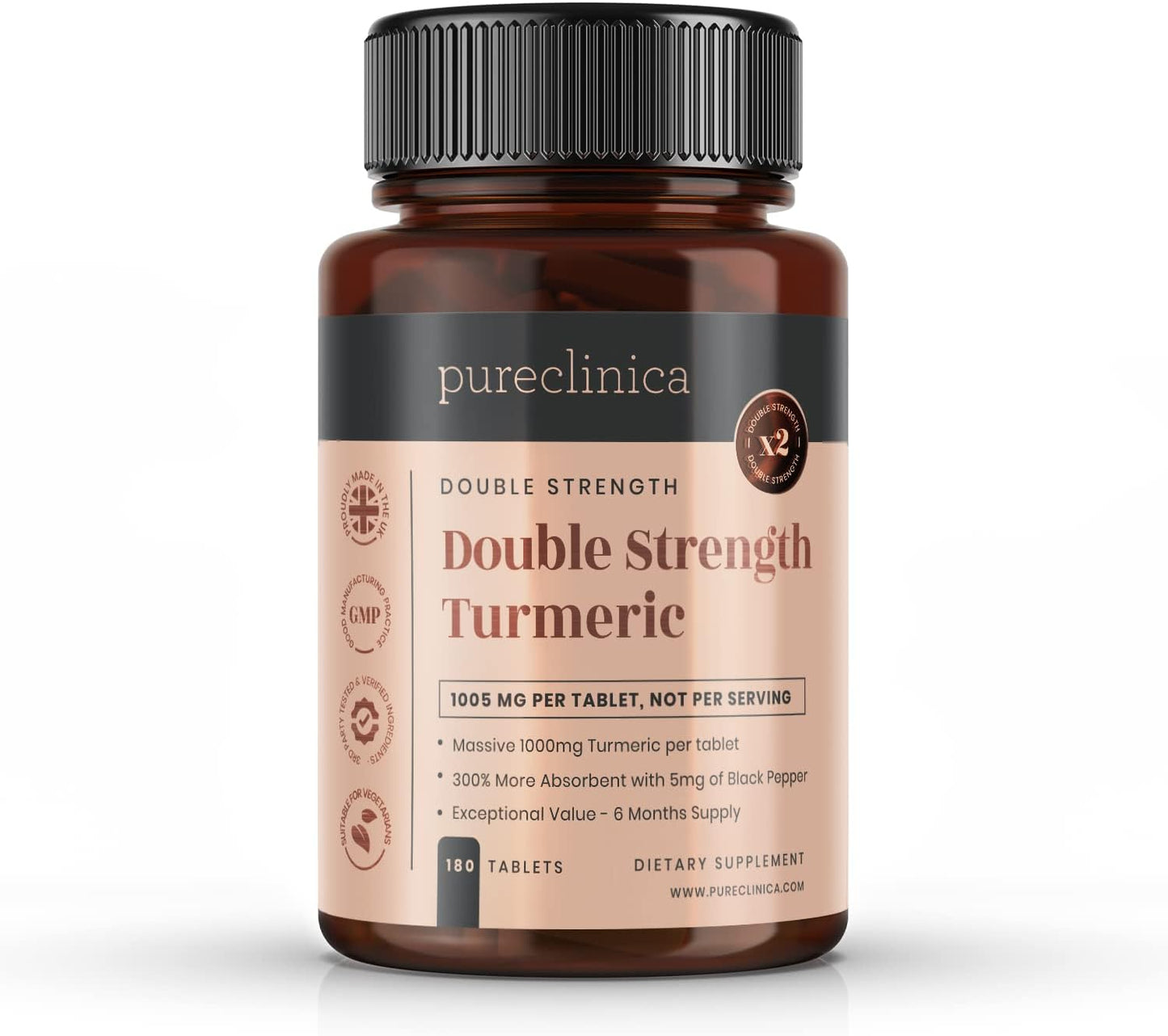 pureclinica Double Strength Turmeric Tablets - 1000mg x 180 Count - Enhanced with Curcumin and Black Pepper Extract for Higher Absorption