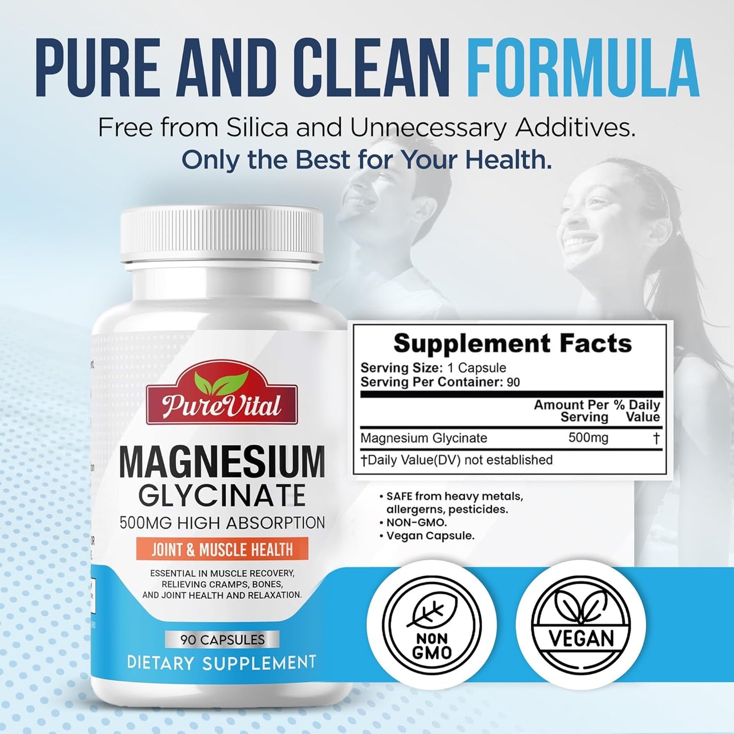 PureVital Magnesium Glycinate Supplement - 500mg Muscle & Joint Support - 90 Count Leg Cramps Relief