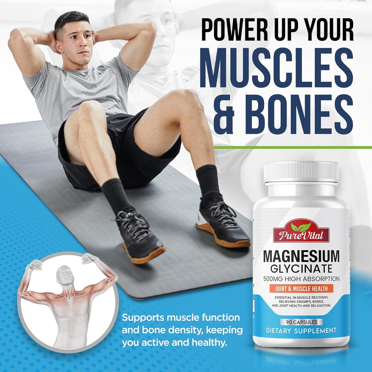 PureVital Magnesium Glycinate Supplement - 500mg Muscle & Joint Support - 90 Count Leg Cramps Relief