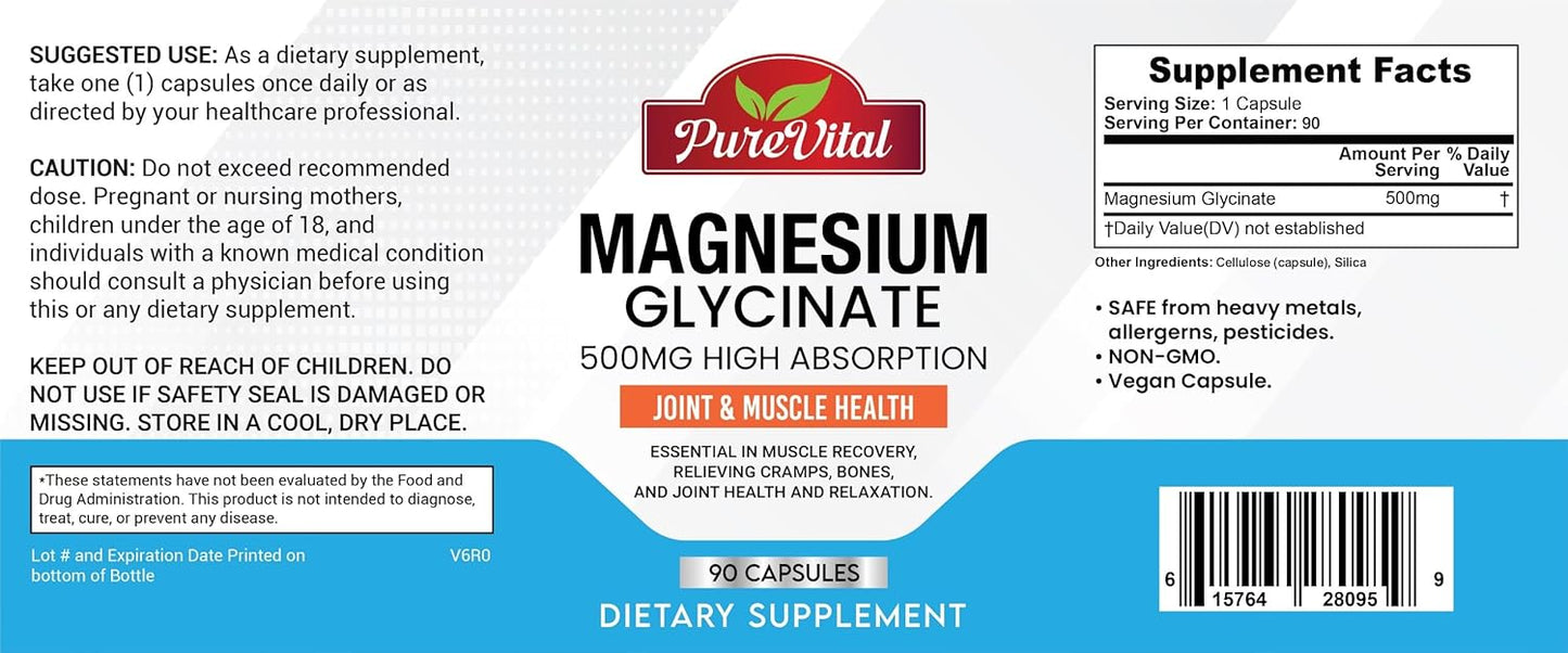 PureVital Magnesium Glycinate Supplement - 500mg Muscle & Joint Support - 90 Count Leg Cramps Relief