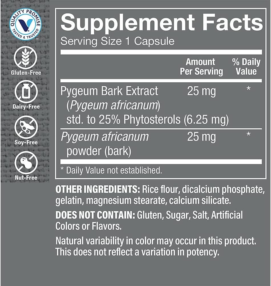 Pygeum Extract 25MG Capsules for Prostate Health - Standardized to 25% Phytosterols - 100 Count