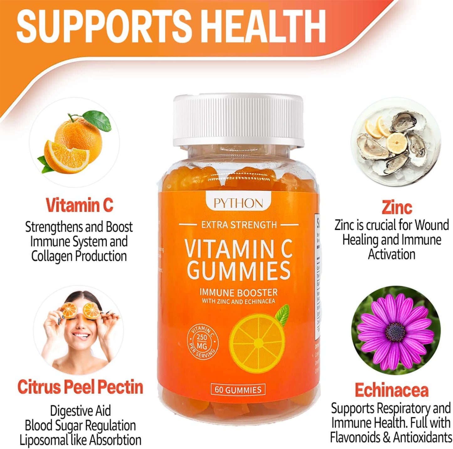 PYTHON OPTIC Immunity and Lung Health Supplement with Vitamin C, Echinacea, Collagen Support - 60 Vegan Gummy Chews for Adults & Kids