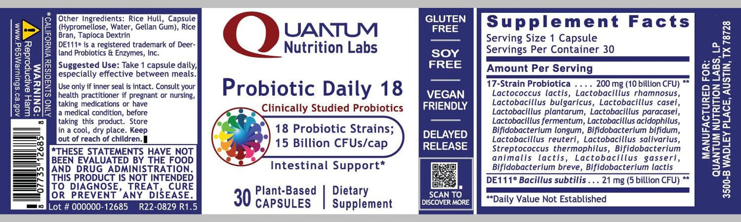 Quantum Nutrition Labs Probiotic Daily 18 - Digestive Health Probiotics with Lactobacillus Acidophilus and Reuteri - 30 Capsules
