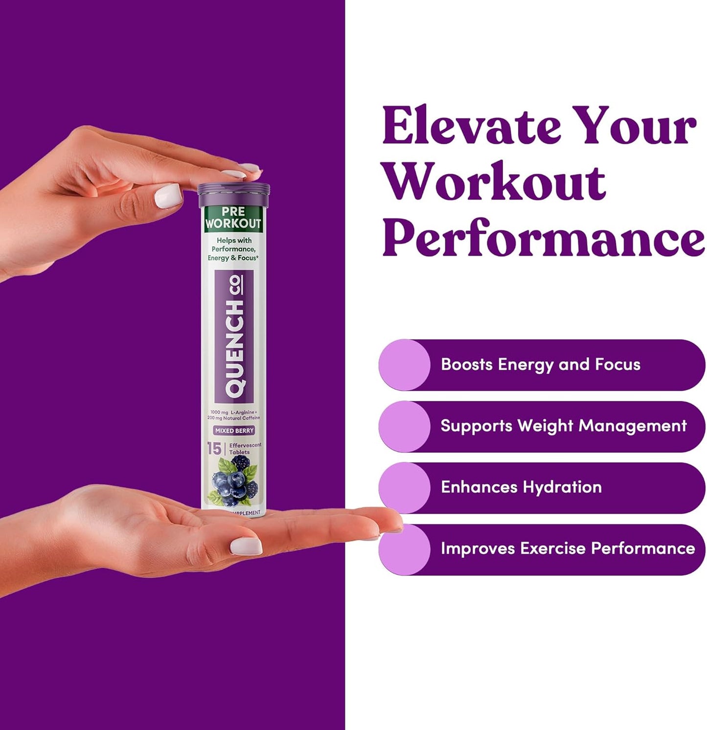 Quench Effervescent Pre Workout Tablets for Men & Women - Energy Boost with L-Arginine & Natural Caffeine - Weight Management Support - Vegan, Keto-Friendly - 60 Count