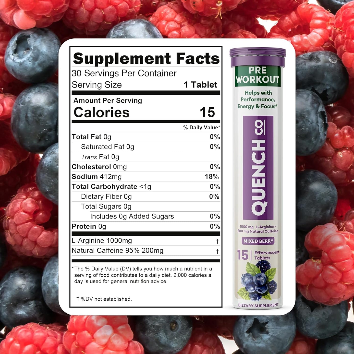 Quench Effervescent Pre Workout Tablets for Men & Women - Energy Boost with L-Arginine & Natural Caffeine - Weight Management Support - Vegan, Keto-Friendly - 60 Count