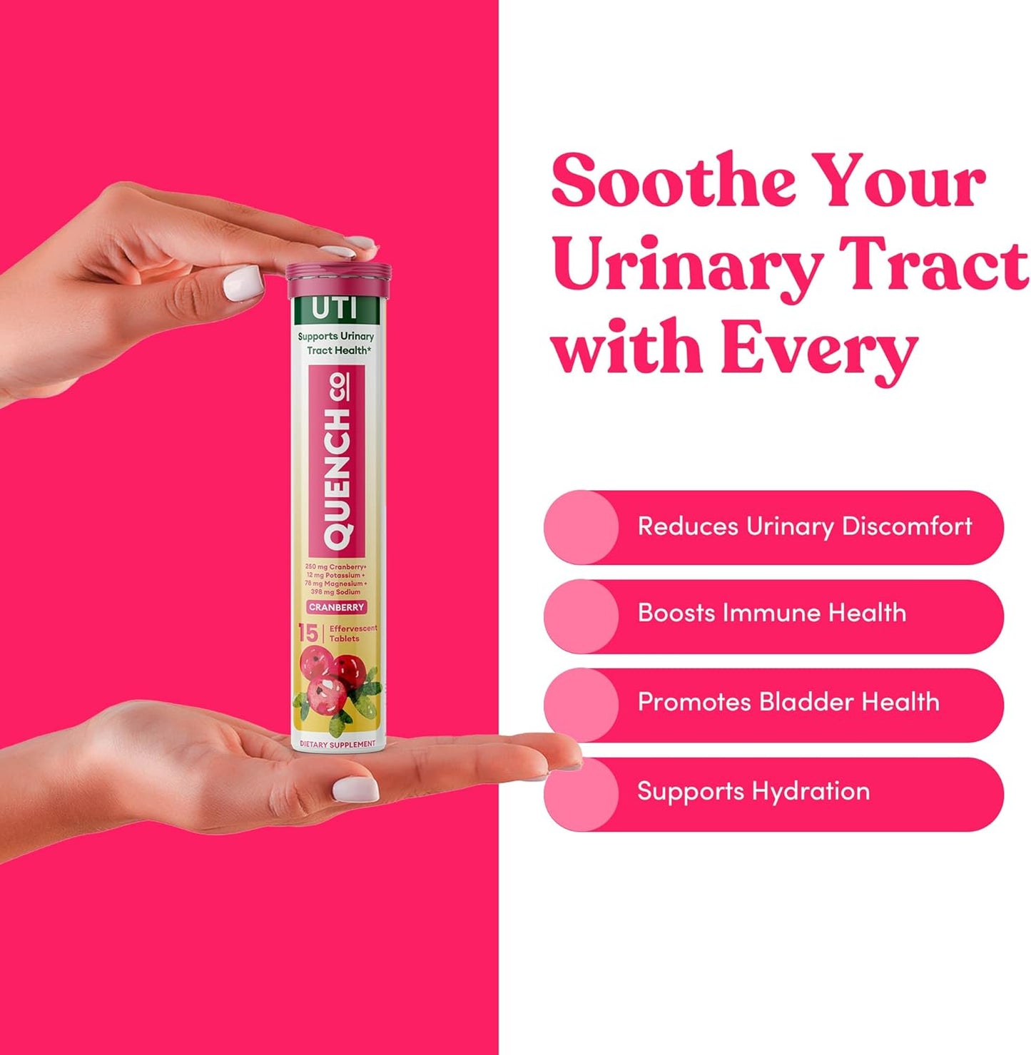 Quench UTI Relief Effervescent Tablets - Fast-Acting Urinary Tract Support - Natural Cranberry Flavor - Sugar-Free - 30 Tablets