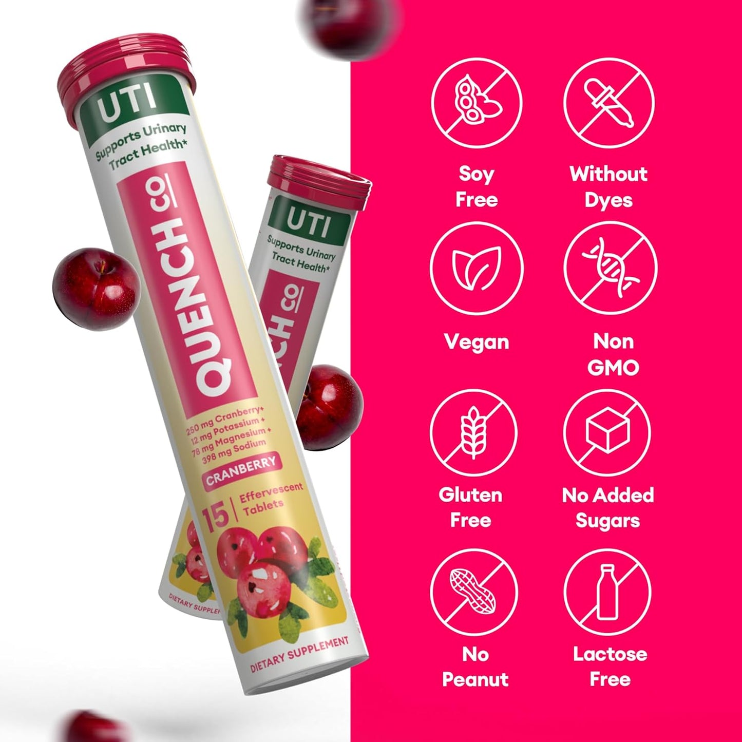 Quench UTI Relief Effervescent Tablets - Fast-Acting Urinary Tract Support - Natural Cranberry Flavor - Sugar-Free - 30 Tablets