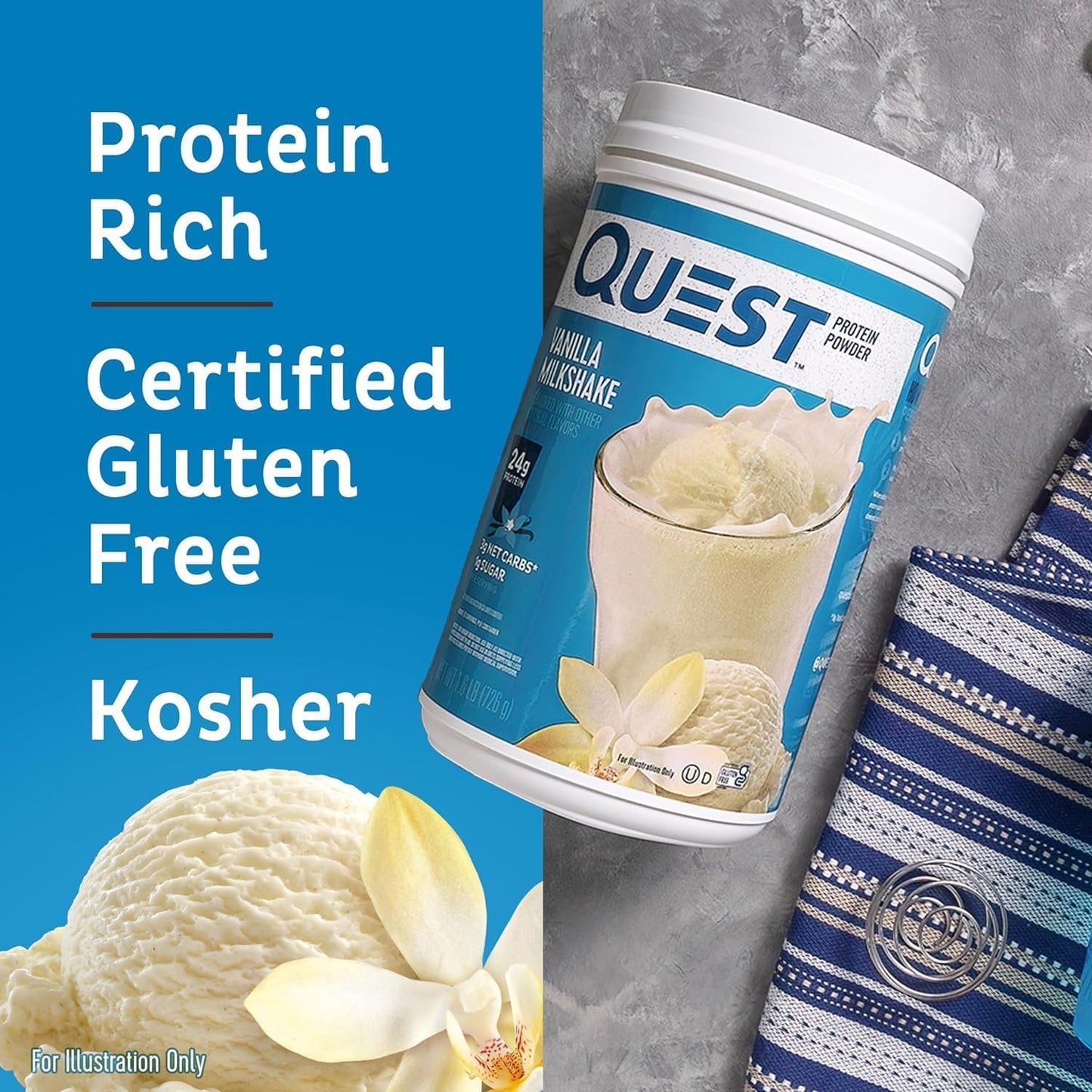 Quest Nutrition Bundle: Vanilla Milkshake Protein Powder (24g Protein, 1.6lb) + Tortilla Chips Variety Pack (12ct)