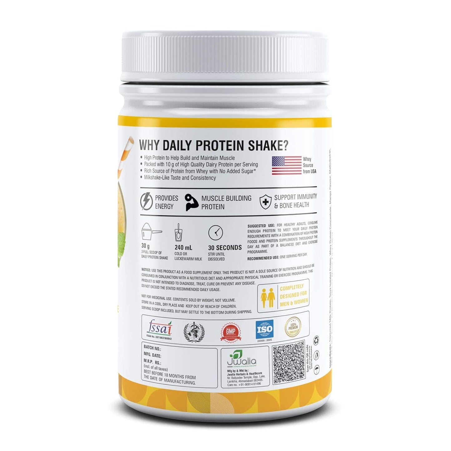 QURA Daily Protein Shake - Mango Milkshake Flavor, 118 kcal, 25 Vitamins & Minerals, 7 Herbs, Supports Energy, Immunity, Bone Health - 400g, 40 Servings for Men & Women
