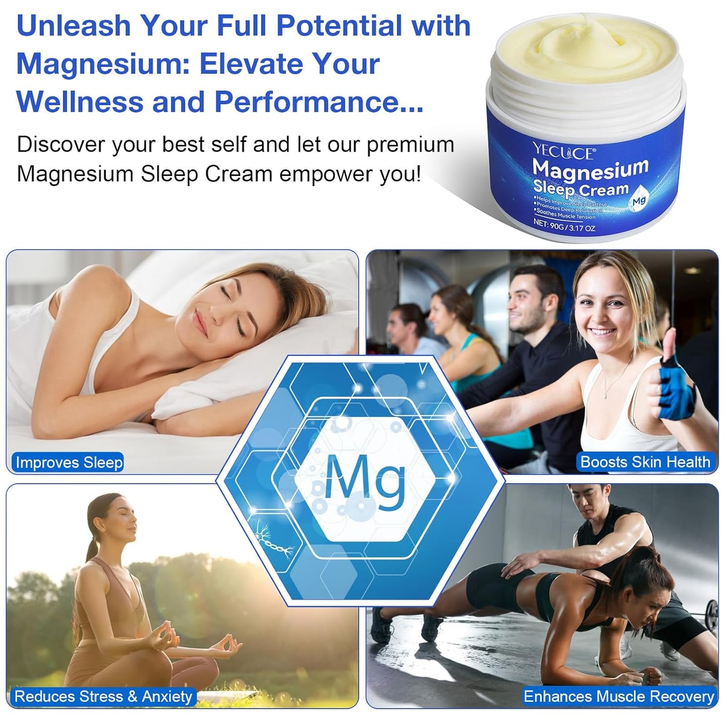 Qxmlucky Magnesium Cream with Vitamin E and Almond Oil - Topical Magnesium Oil for Feet and Body, Premium Lotion for Muscle Soreness and Better Sleep
