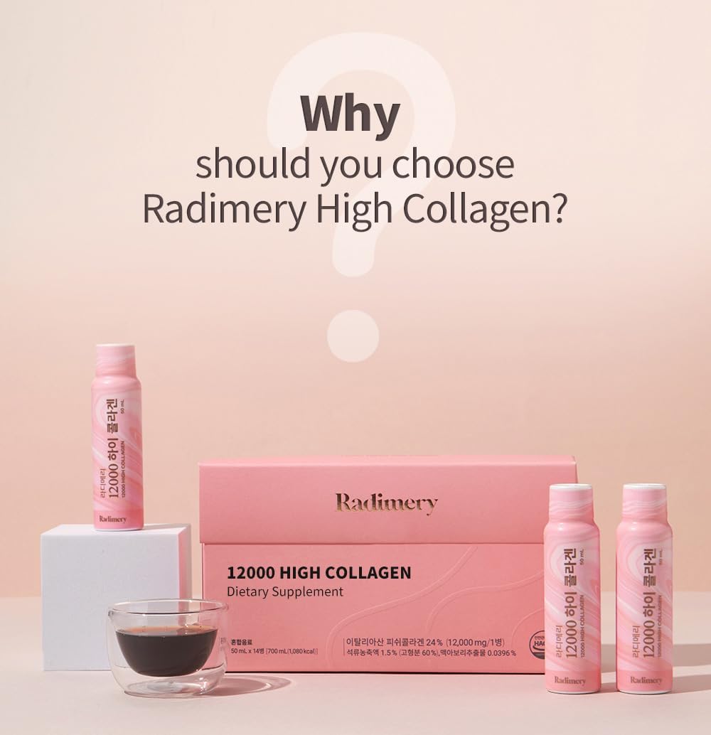 Radimery 12000 High Collagen Liquid - 12000mg with Hyaluronic Acid, Elastin, and Vitamin C - Supports Hair, Skin, Nails, Bones - Antioxidant (14 Pack)
