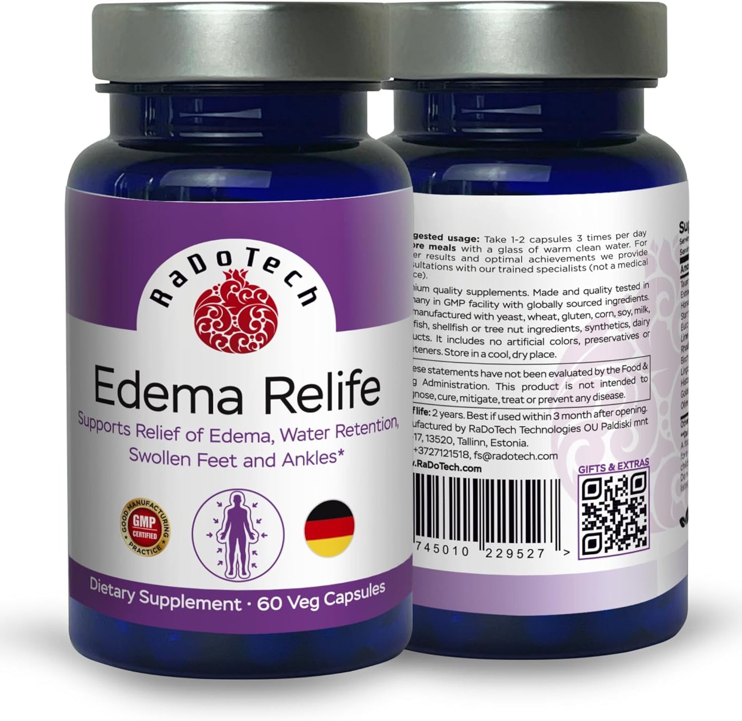 RaDoTech Edema Relief Support Capsules for Water Retention & Swollen Feet - 60 Vegetarian Capsules