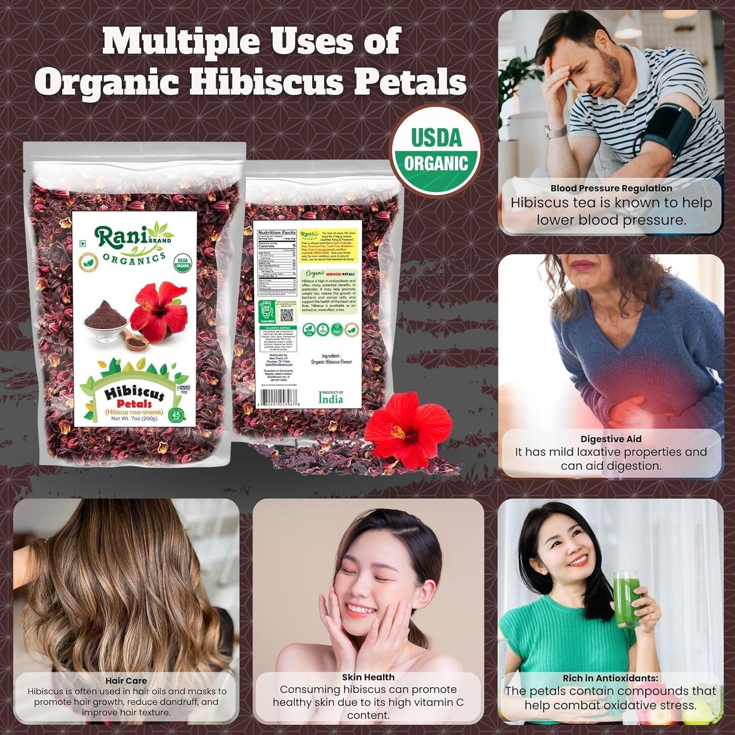 Rani Organic Hibiscus Powder 7oz (200g) - Authentic Indian Product, All Natural, Gluten Friendly, Vegan, Non-GMO, Kosher, USDA Organic Certified