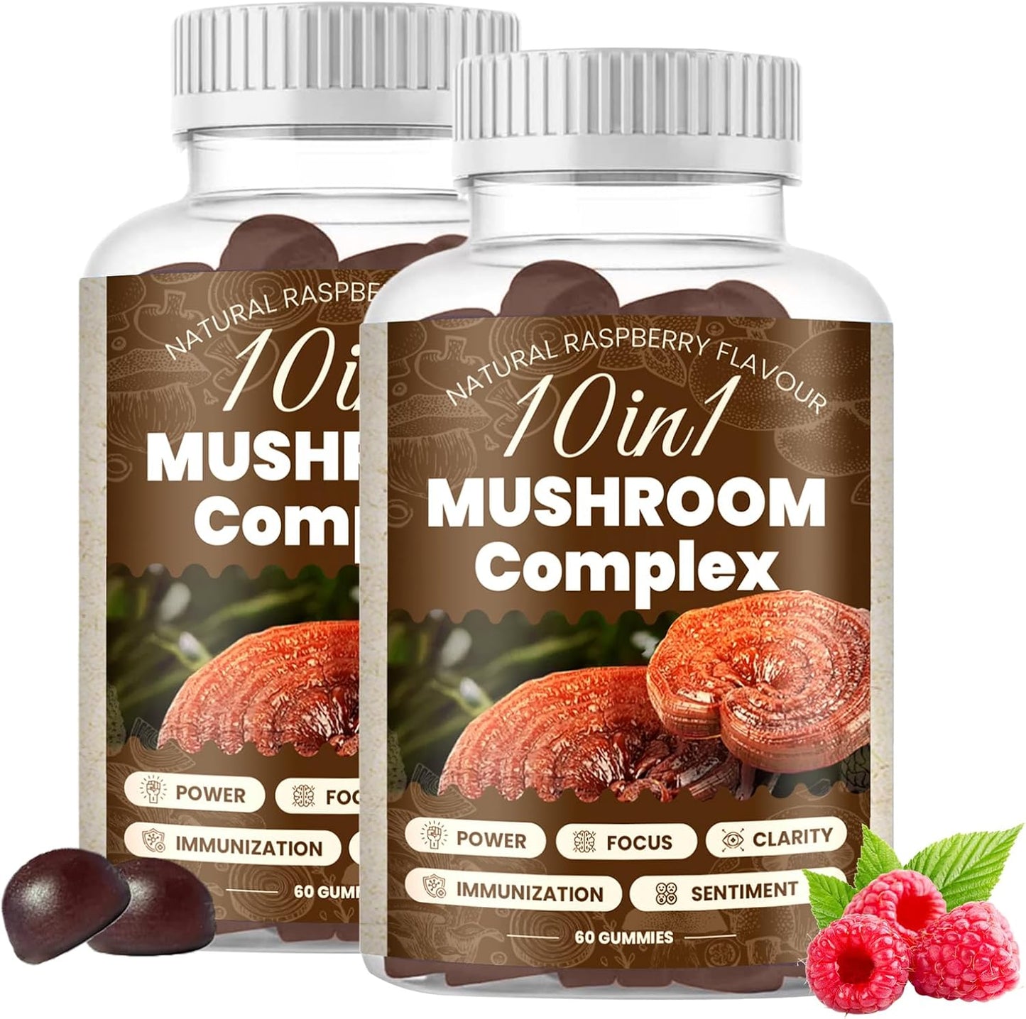 Raspberry Flavored 10 in 1 Magic Mushroom Gummies - Cognitive Function, Immune Health, Energy - Lions Mane, Reishi, Chaga, Cordyceps - 2 Bottles
