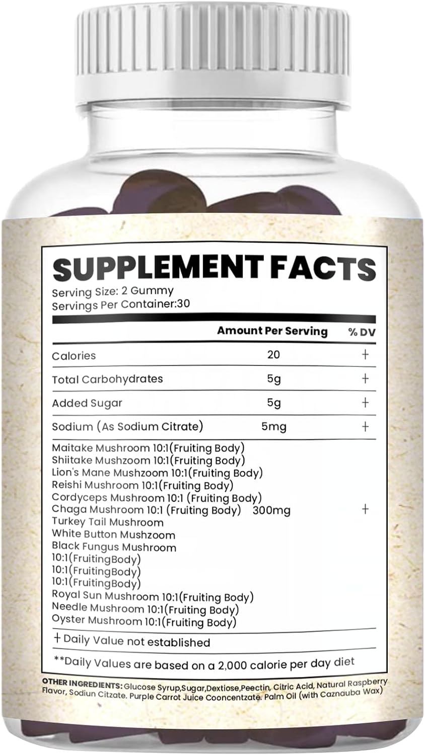 Raspberry Flavored 10 in 1 Magic Mushroom Gummies - Cognitive Function, Immune Health, Energy - Lions Mane, Reishi, Chaga, Cordyceps - 2 Bottles