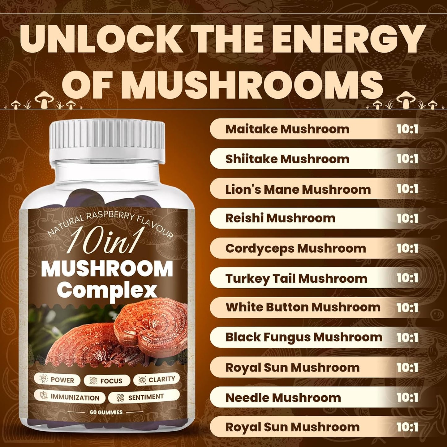 Raspberry Flavored 10 in 1 Magic Mushroom Gummies - Cognitive Function, Immune Health, Energy - Lions Mane, Reishi, Chaga, Cordyceps - 2 Bottles