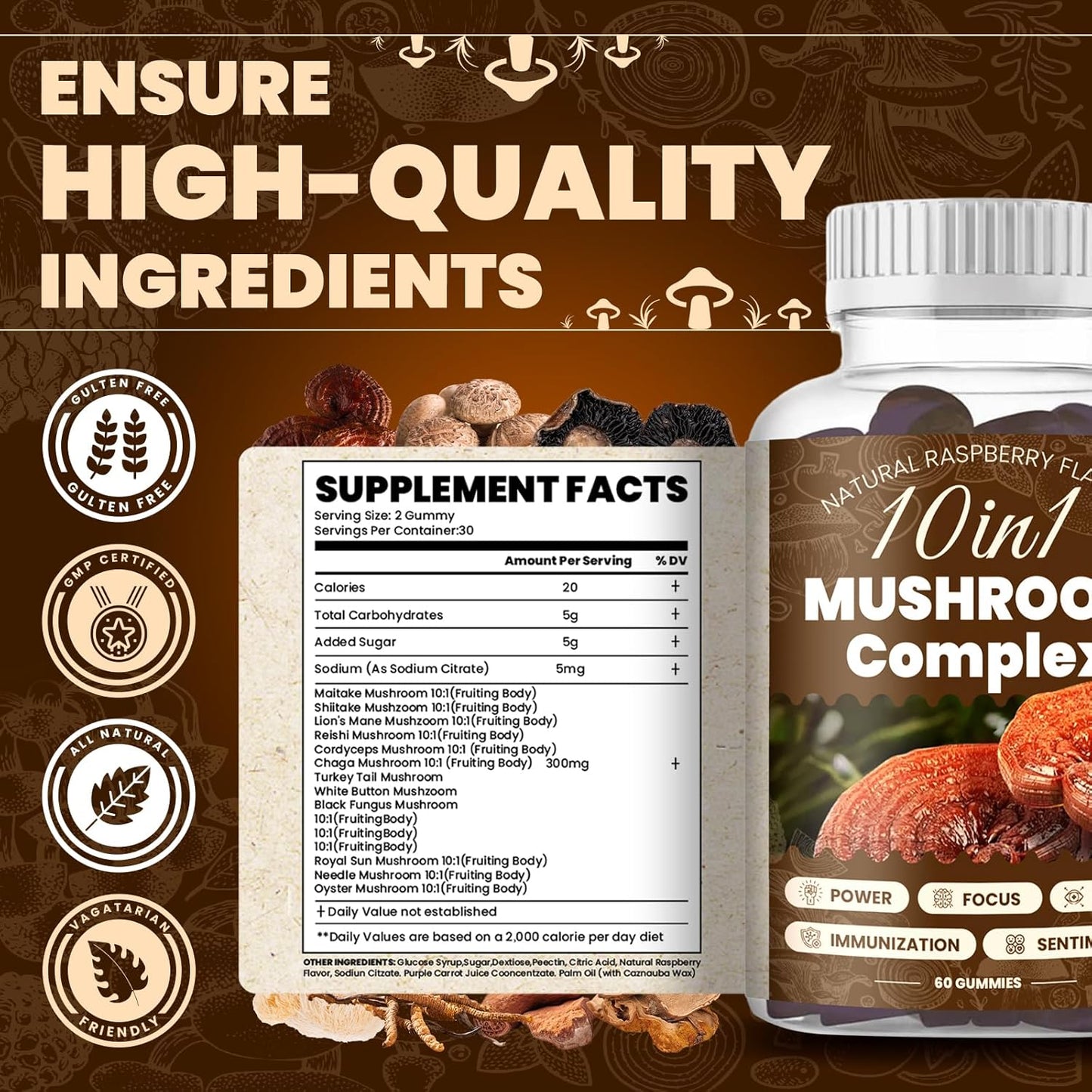 Raspberry Flavored 10 in 1 Magic Mushroom Gummies - Cognitive Function, Immune Health, Energy - Lions Mane, Reishi, Chaga, Cordyceps - 2 Bottles