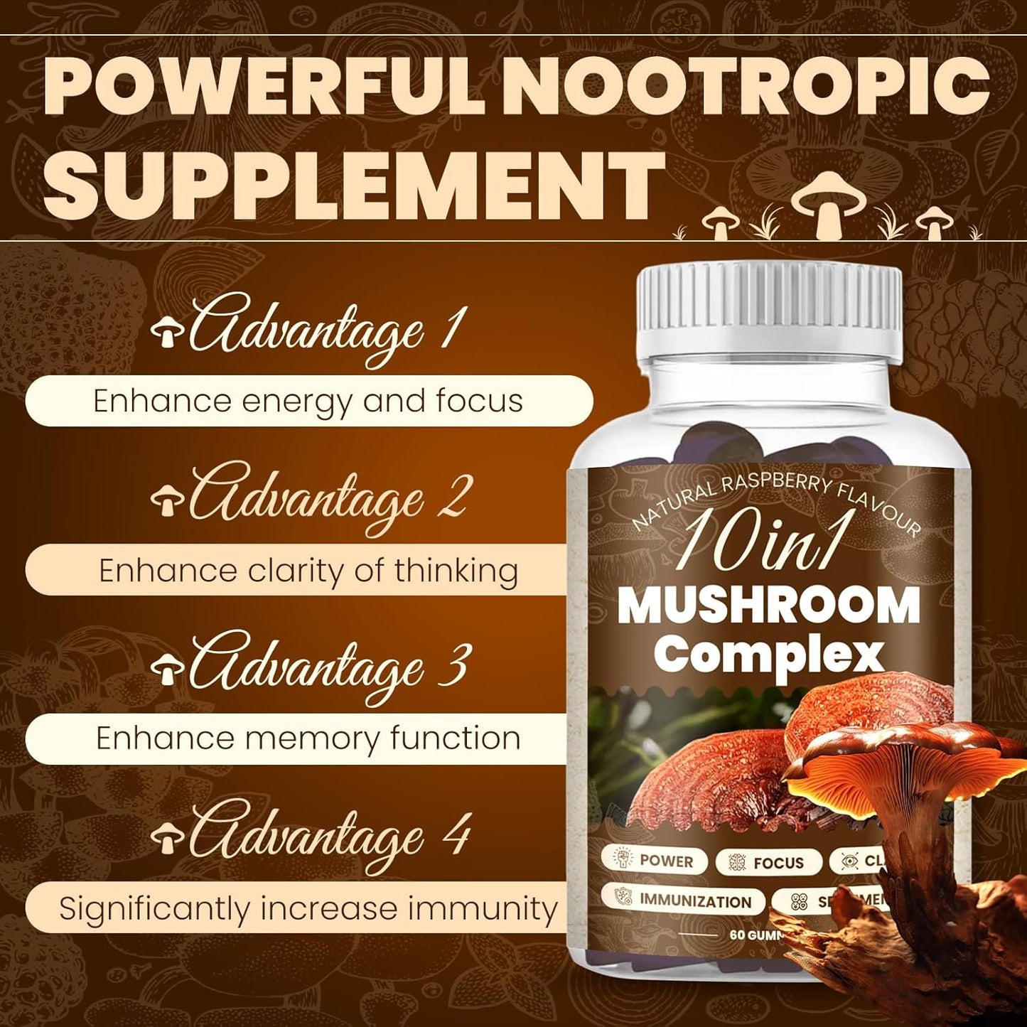 Raspberry Flavored 10 in 1 Magic Mushroom Gummies - Cognitive Function, Immune Health, Energy - Lions Mane, Reishi, Chaga, Cordyceps - 2 Bottles