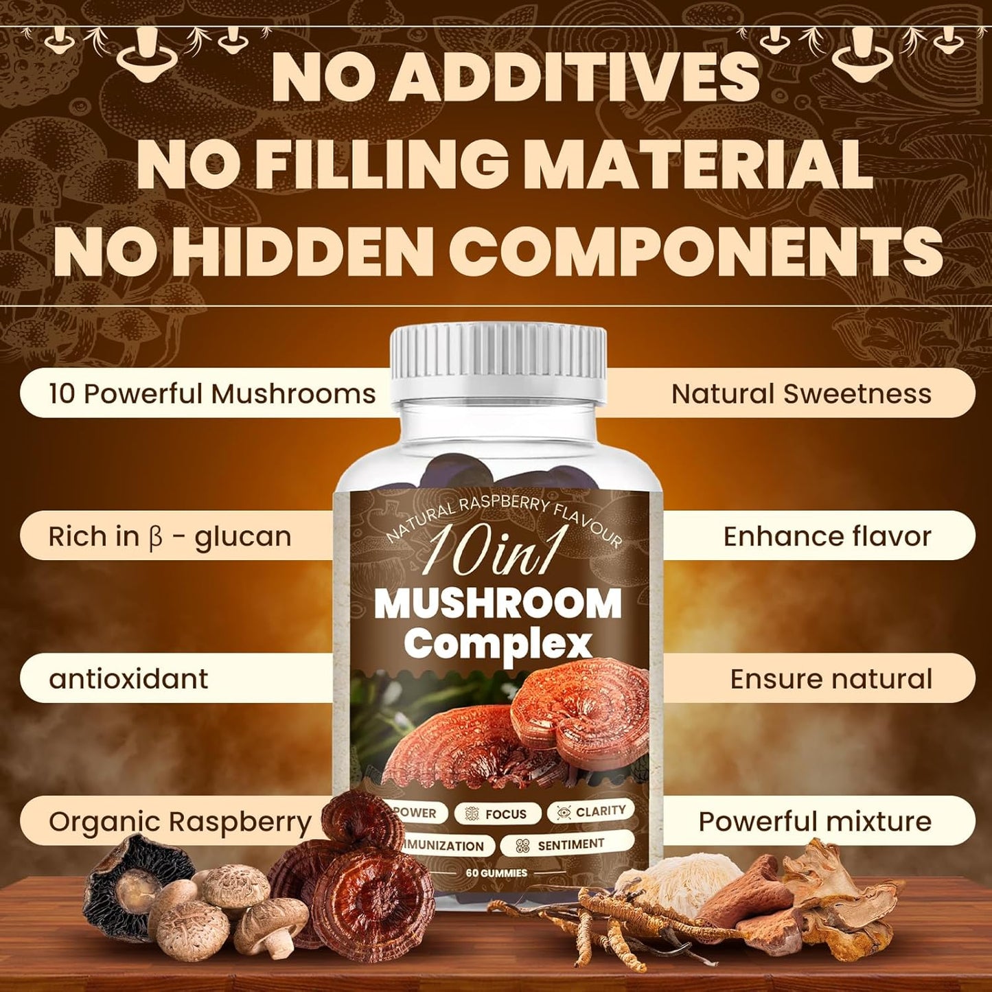 Raspberry Flavored 10 in 1 Magic Mushroom Gummies - Cognitive Function, Immune Health, Energy - Lions Mane, Reishi, Chaga, Cordyceps - 2 Bottles